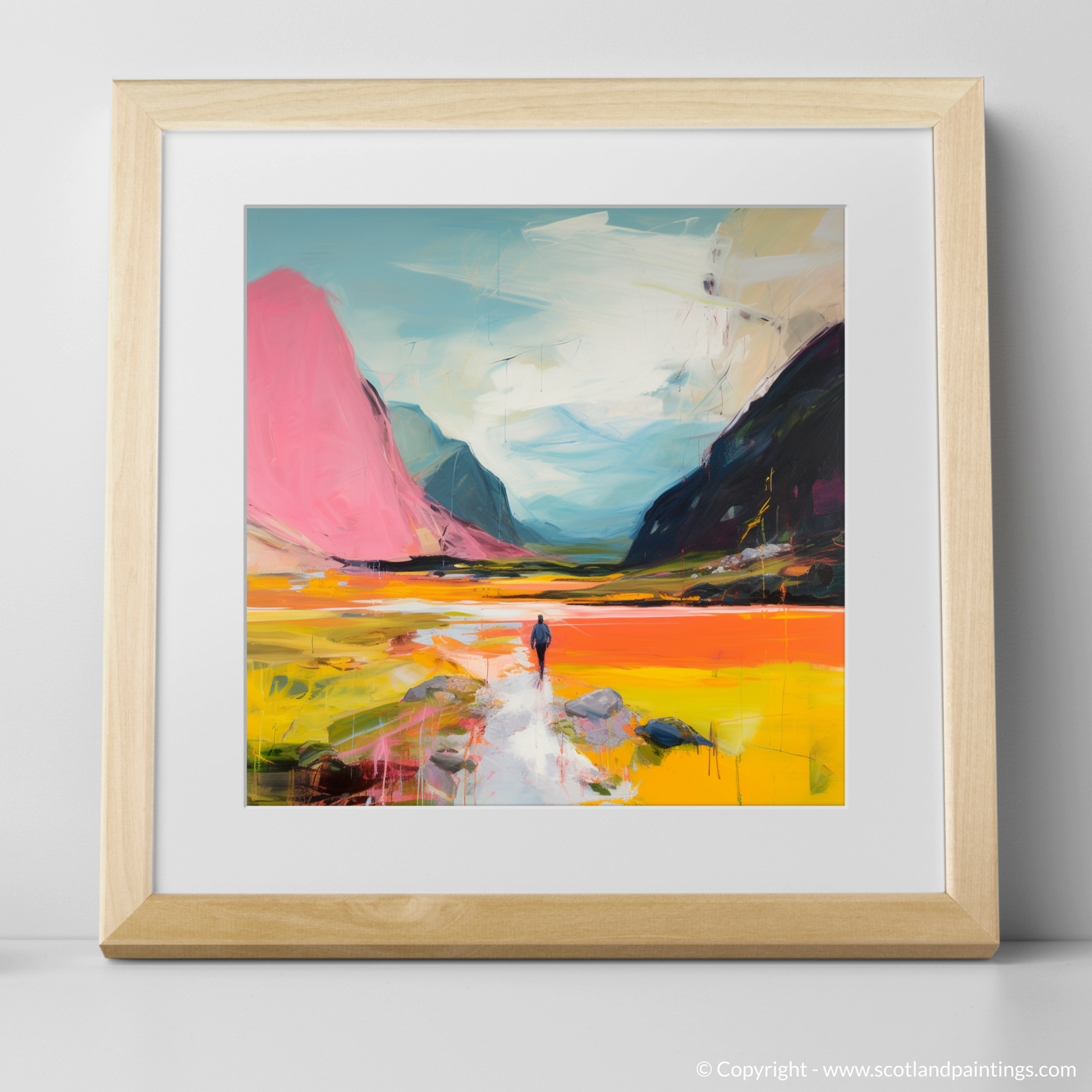 Art Print of Lone hiker in Glencoe during summer with a natural frame