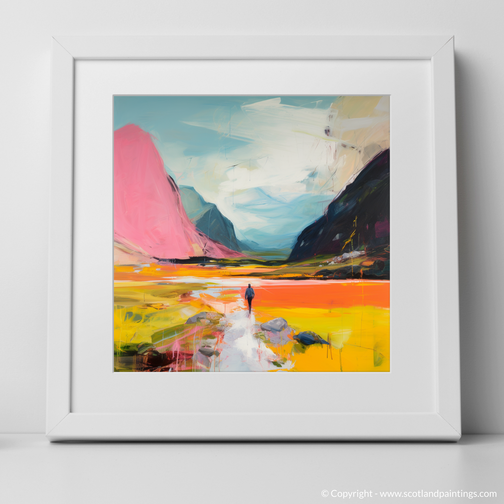 Art Print of Lone hiker in Glencoe during summer with a white frame