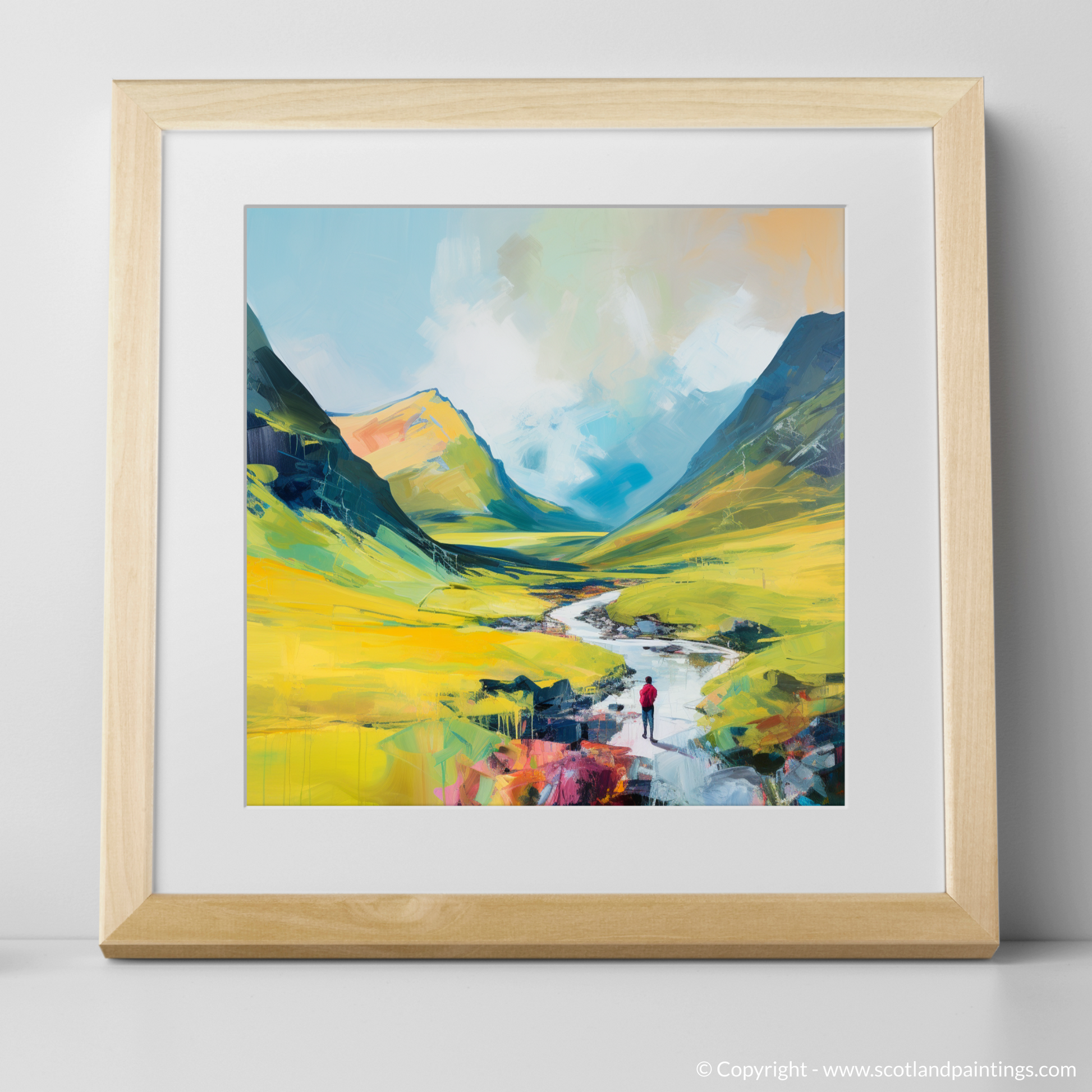 Art Print of Lone hiker in Glencoe during summer with a natural frame