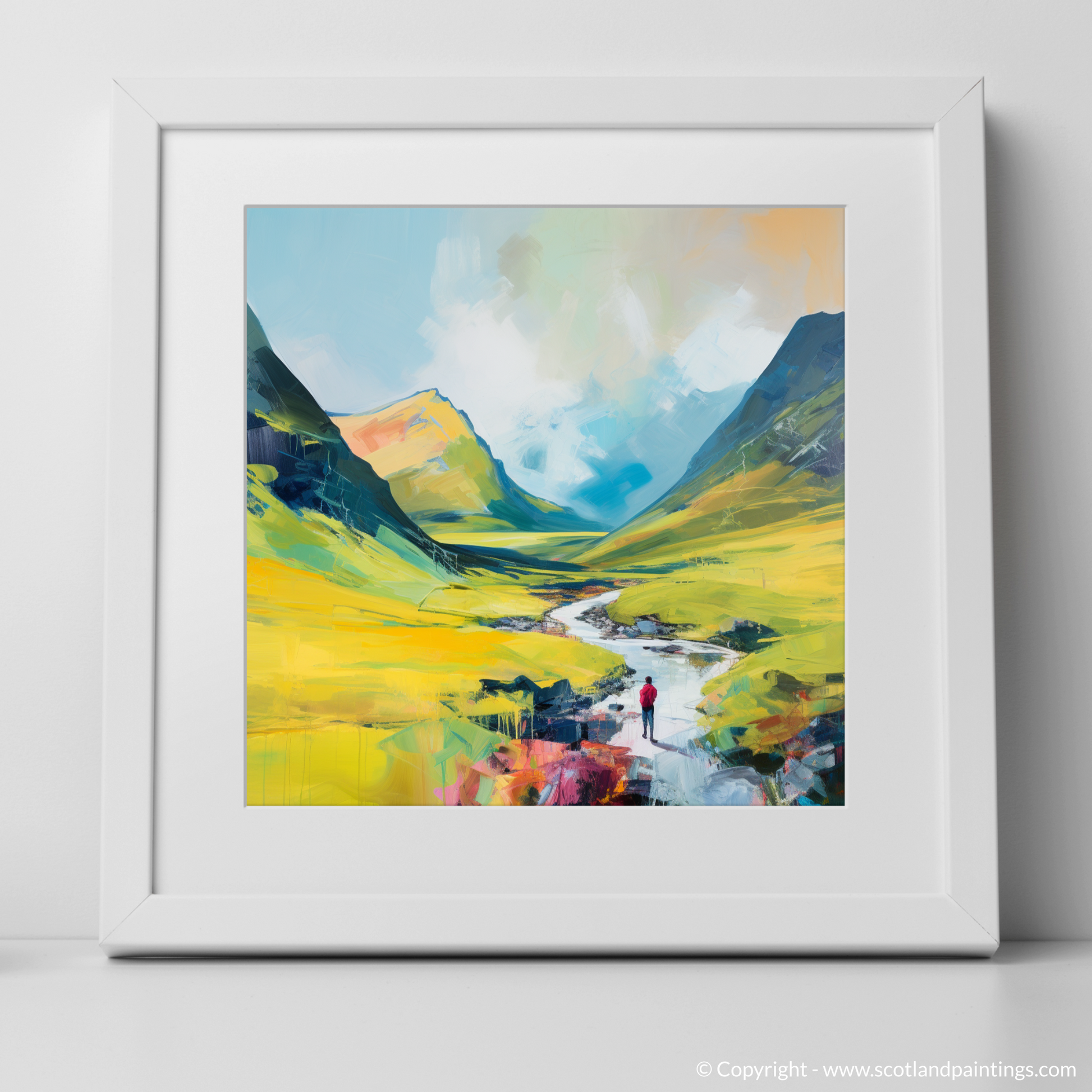 Art Print of Lone hiker in Glencoe during summer with a white frame