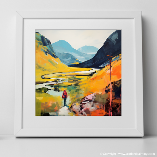 Art Print of Lone hiker in Glencoe during summer with a white frame