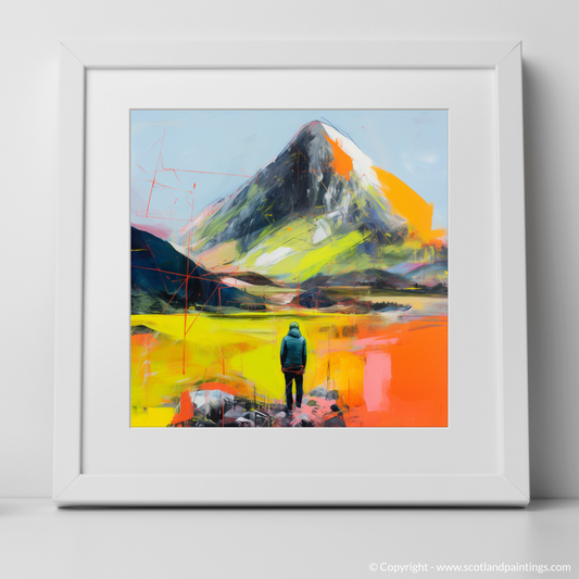 Painting and Art Print of Lone hiker in Glencoe during summer. Lone Hiker's Gaze: A Modern Vision of Glencoe in Summer.