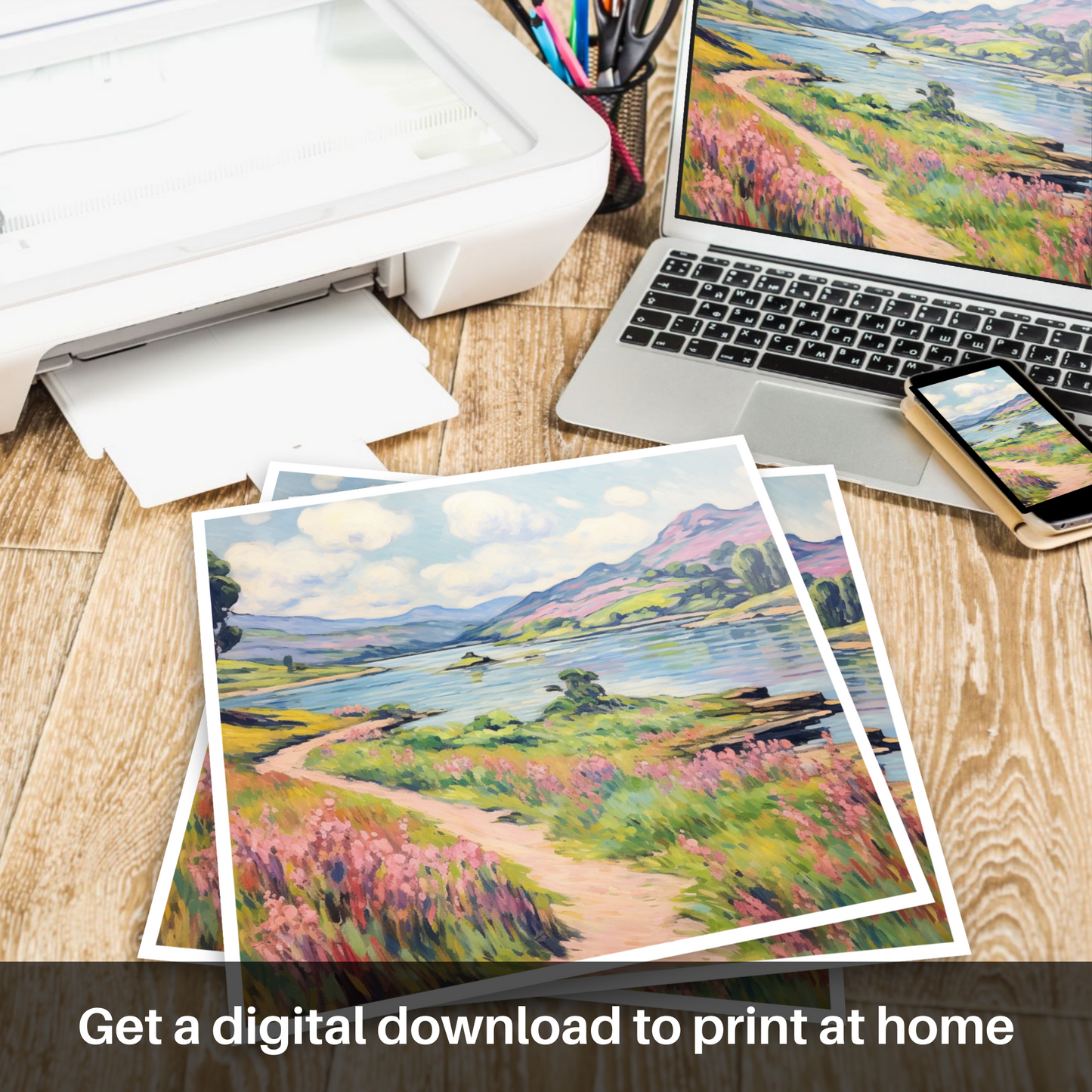 Downloadable and printable picture of Loch Doon, Ayrshire in summer