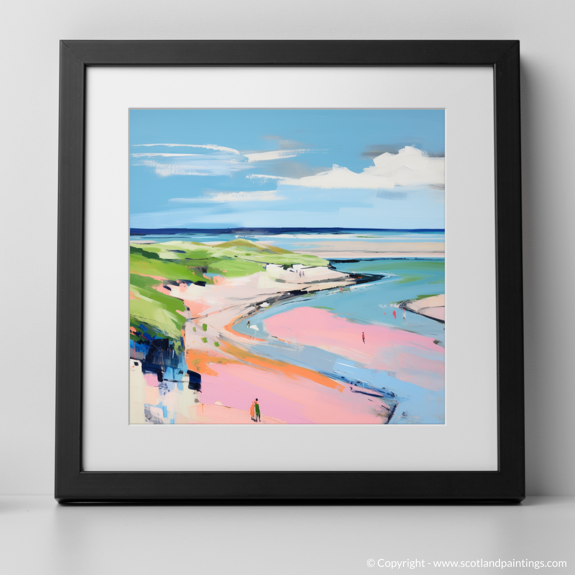 Art Print of St Cyrus Beach, Aberdeenshire in summer with a black frame