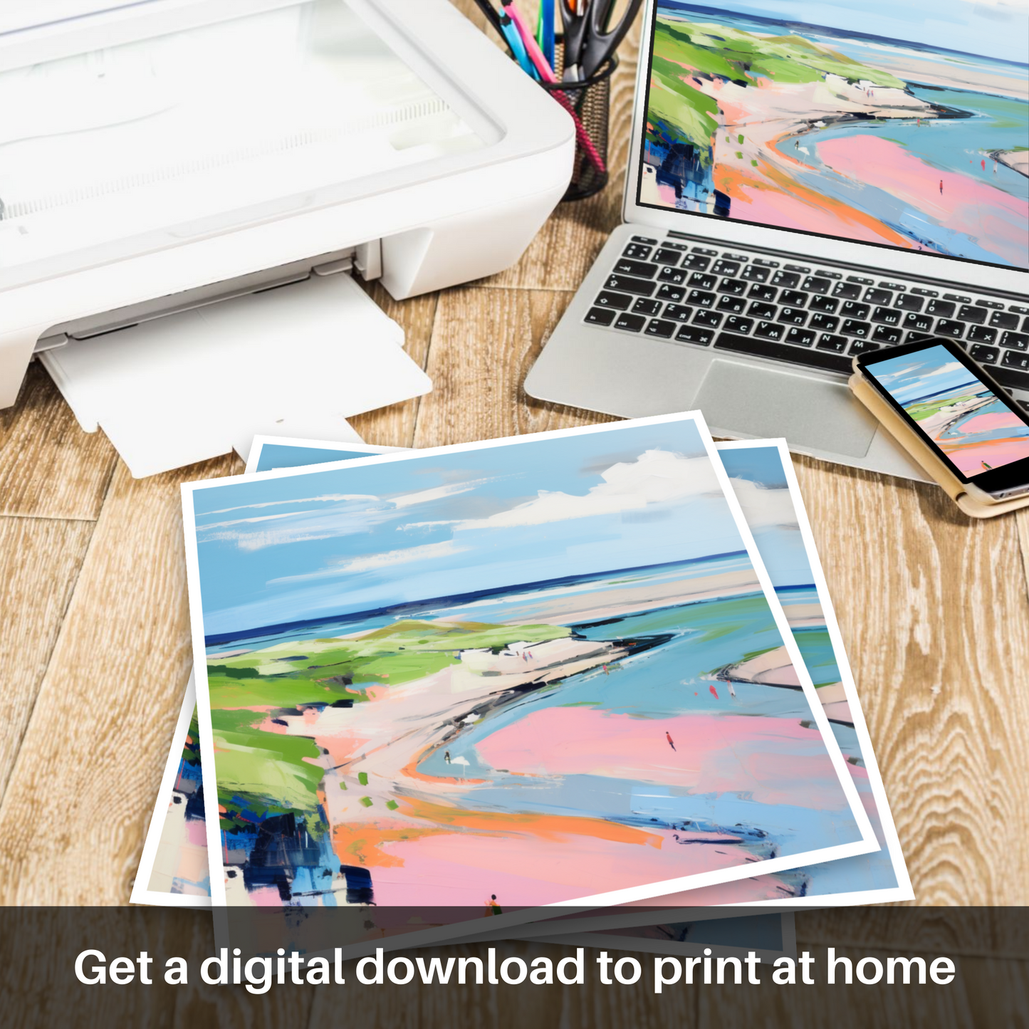 Downloadable and printable picture of St Cyrus Beach, Aberdeenshire in summer