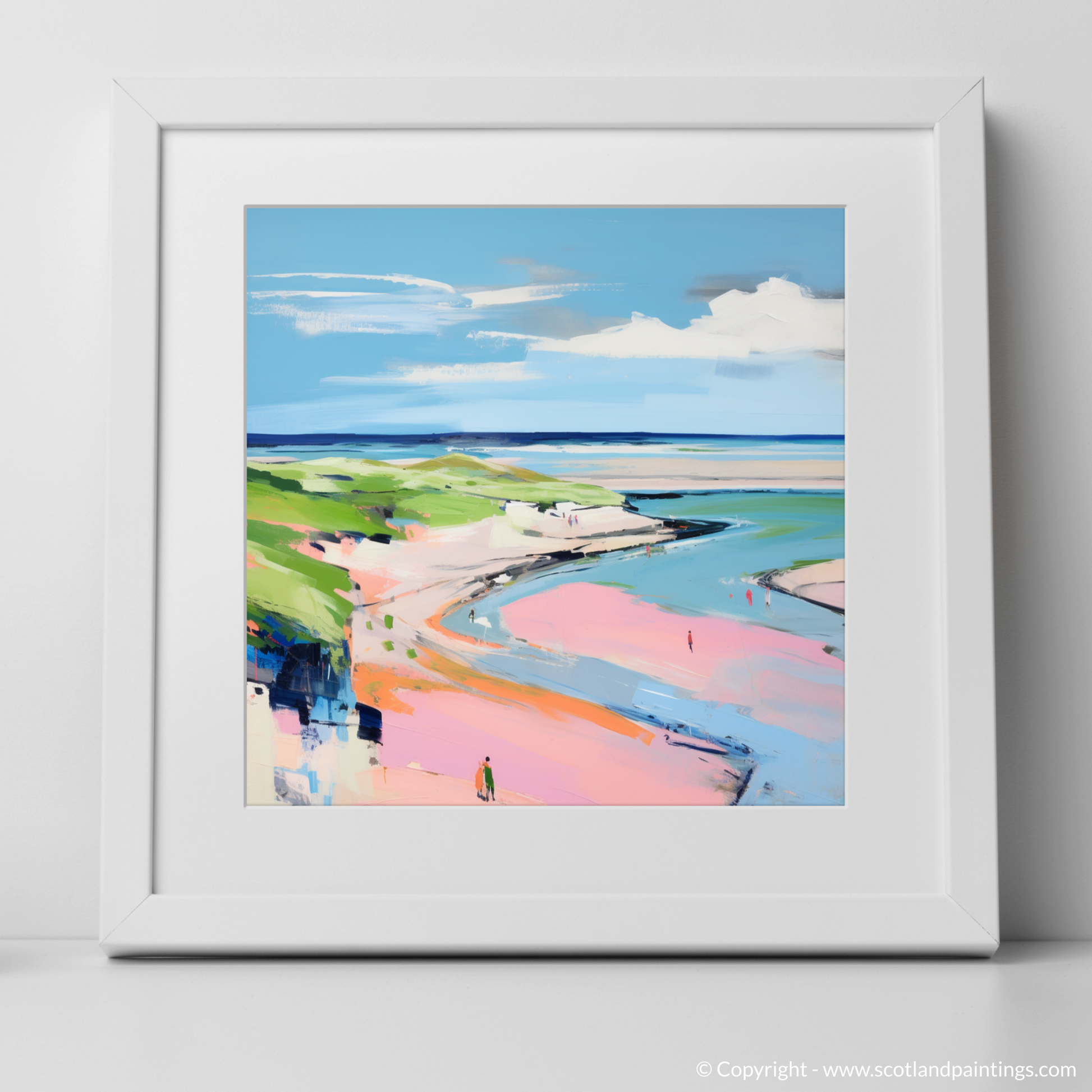 Art Print of St Cyrus Beach, Aberdeenshire in summer with a white frame