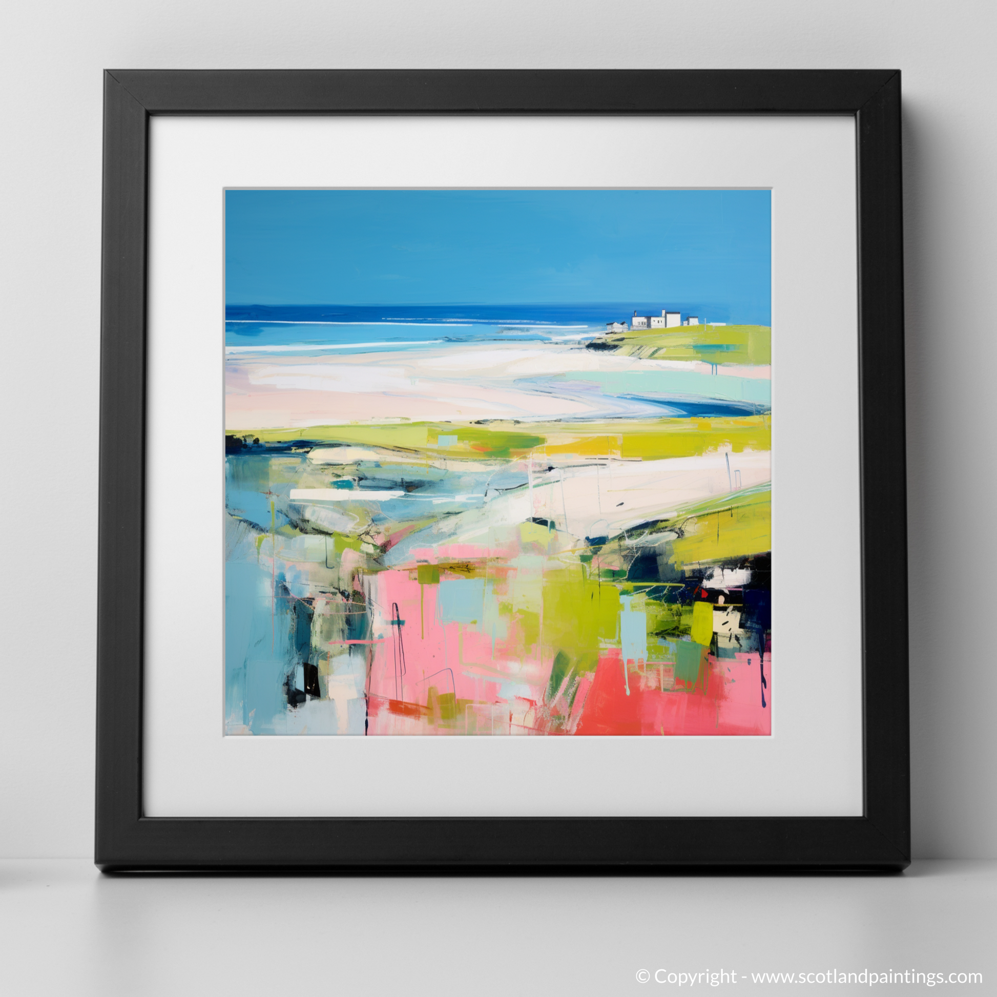 Art Print of St Cyrus Beach, Aberdeenshire in summer with a black frame