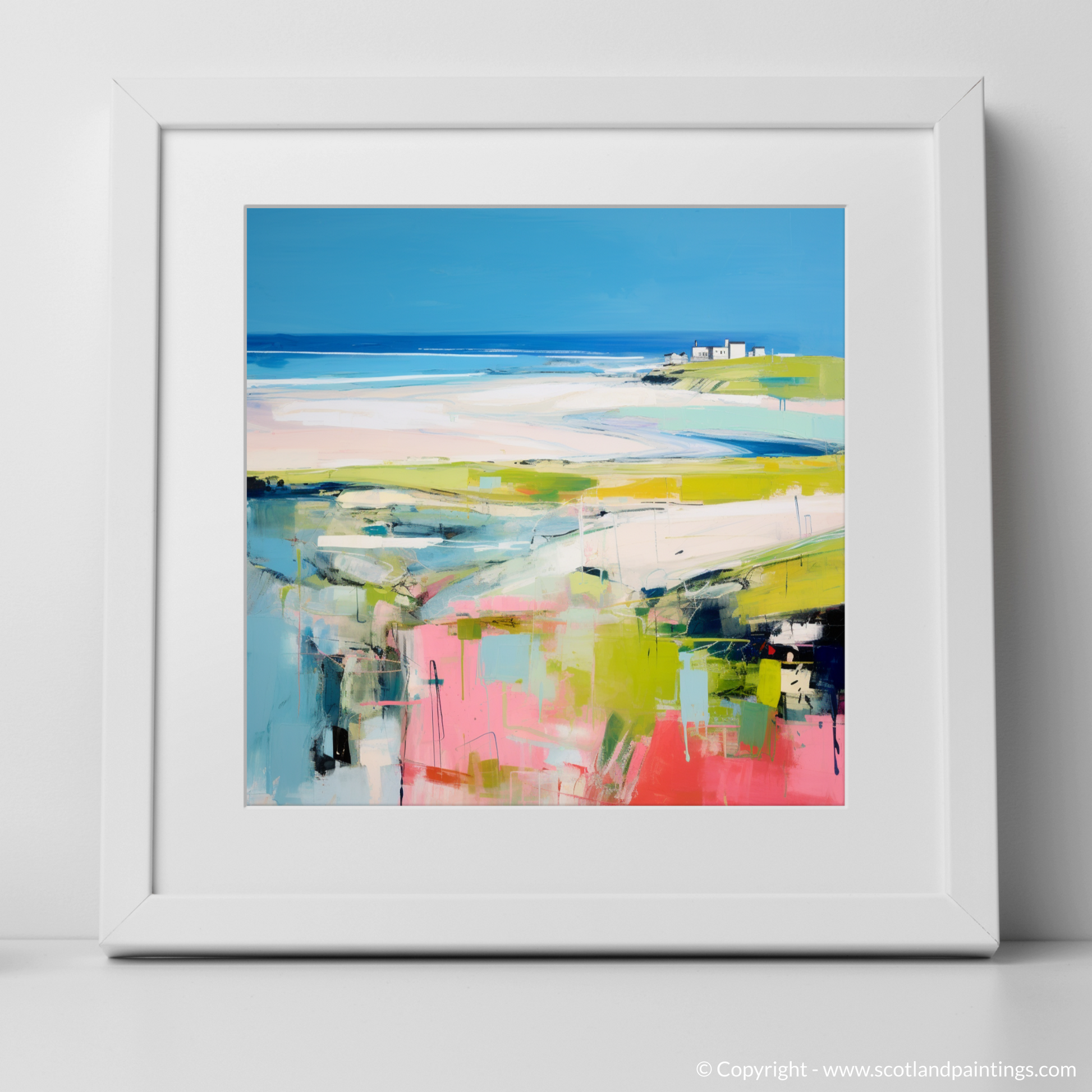 Art Print of St Cyrus Beach, Aberdeenshire in summer with a white frame