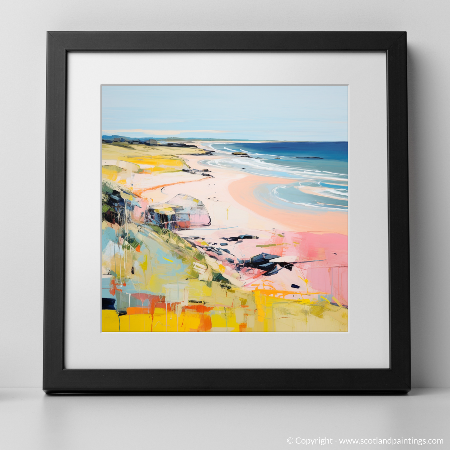 Art Print of St Cyrus Beach, Aberdeenshire in summer with a black frame