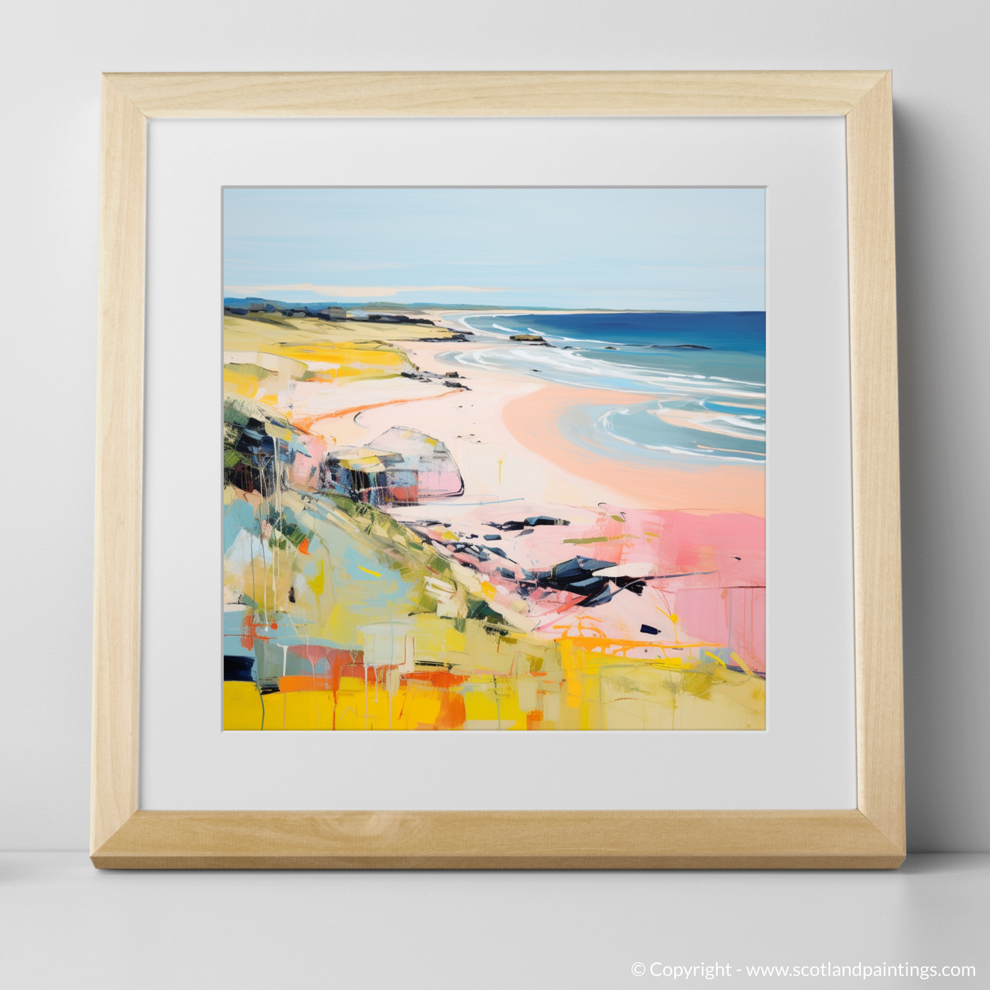 Art Print of St Cyrus Beach, Aberdeenshire in summer with a natural frame