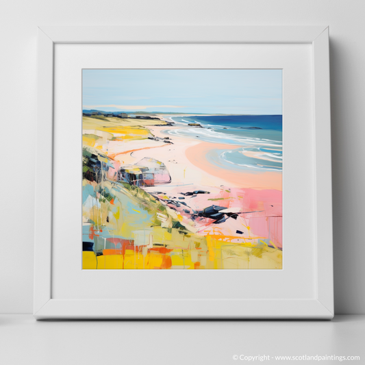Art Print of St Cyrus Beach, Aberdeenshire in summer with a white frame