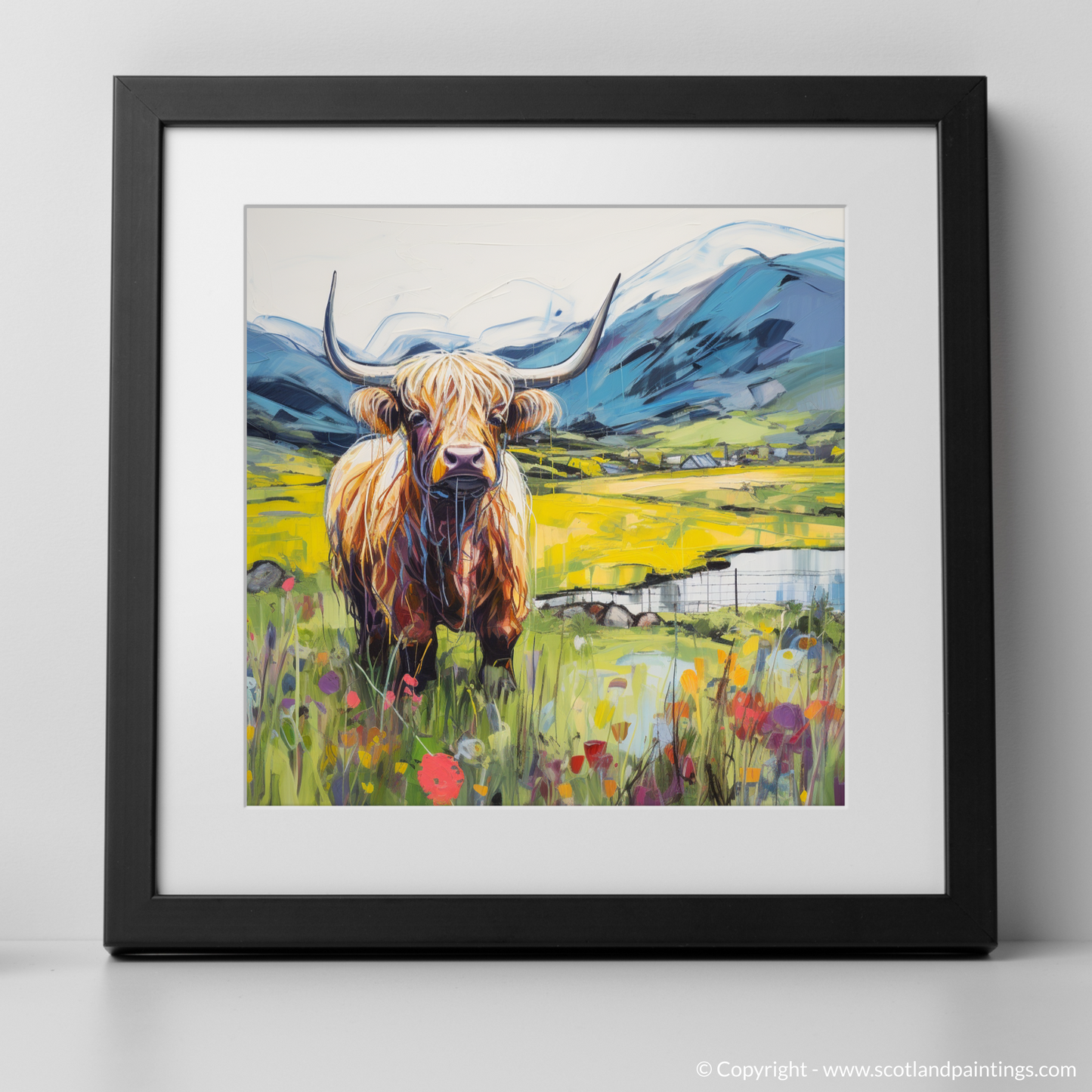 Painting and Art Print of Highland cow in Glencoe during summer. Highland Majesty: Summer in Glencoe.