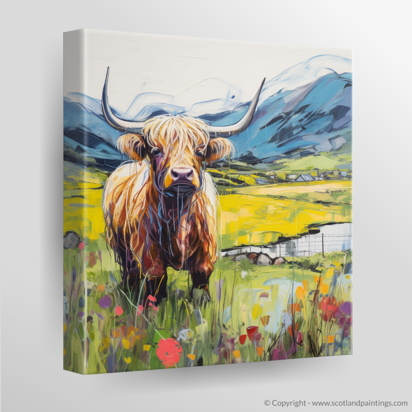 Painting and Art Print of Highland cow in Glencoe during summer. Highland Majesty: Summer in Glencoe.