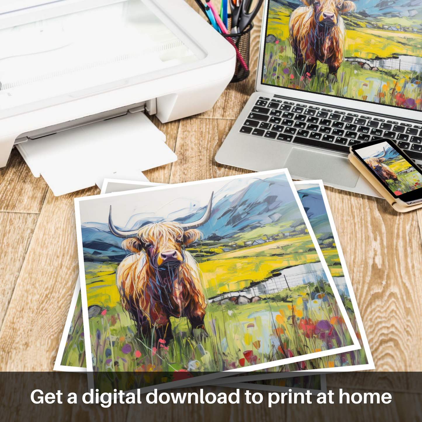 Painting and Art Print of Highland cow in Glencoe during summer. Highland Majesty: Summer in Glencoe.