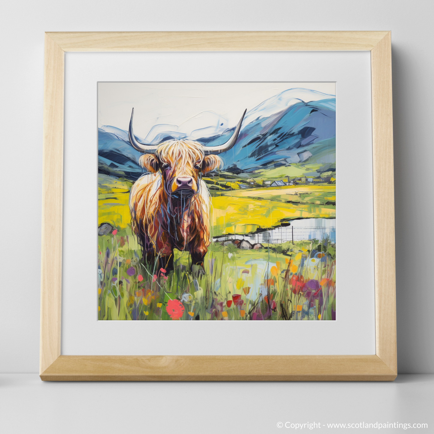 Painting and Art Print of Highland cow in Glencoe during summer. Highland Majesty: Summer in Glencoe.