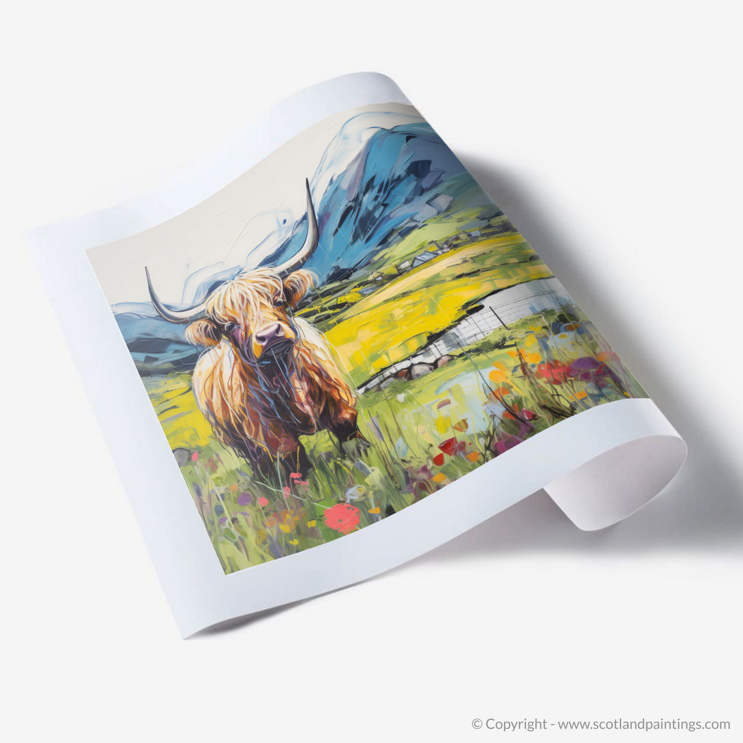 Painting and Art Print of Highland cow in Glencoe during summer. Highland Majesty: Summer in Glencoe.