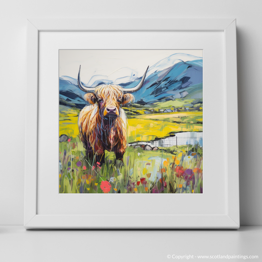 Painting and Art Print of Highland cow in Glencoe during summer. Highland Majesty: Summer in Glencoe.