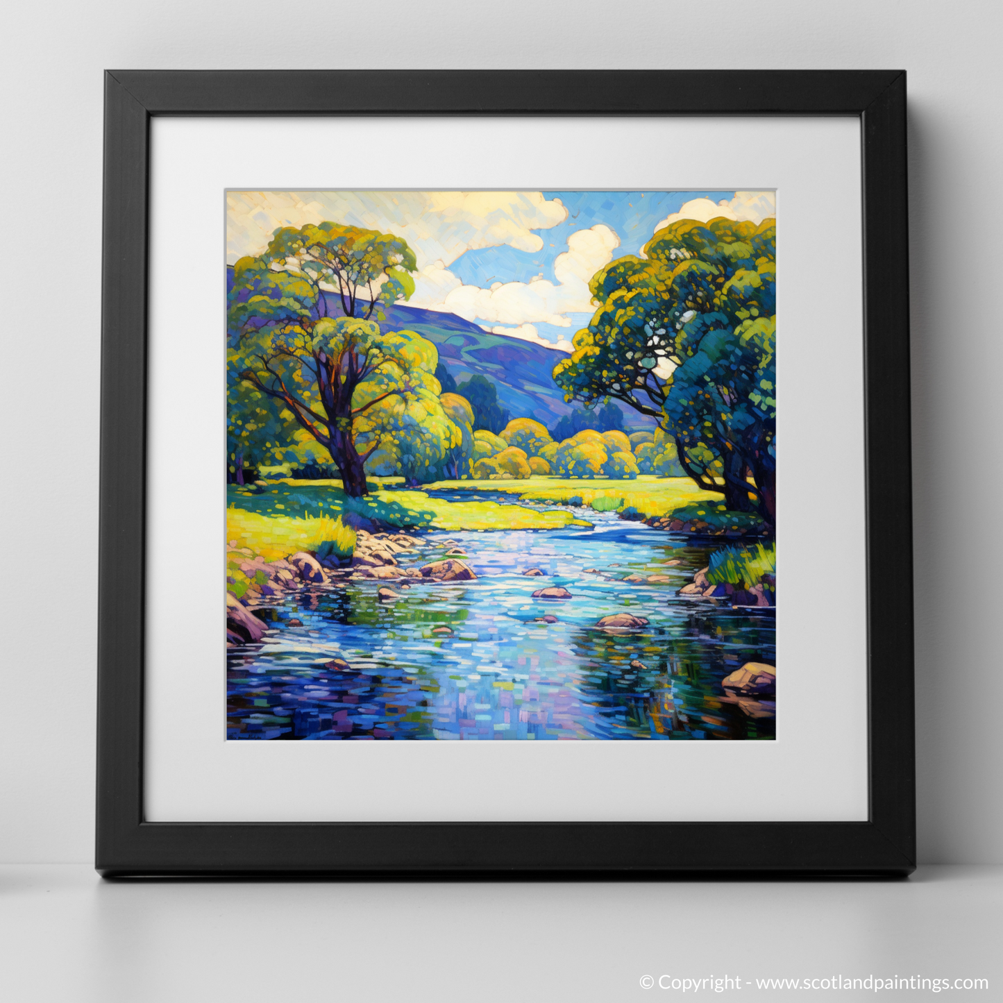 Art Print of River Earn, Perthshire in summer with a black frame