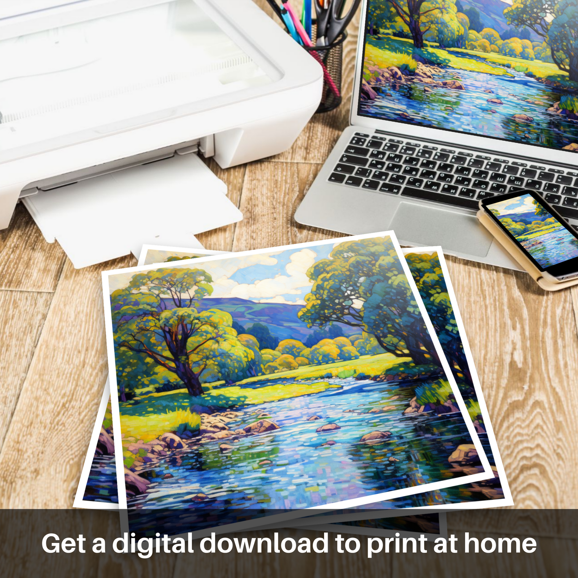 Downloadable and printable picture of River Earn, Perthshire in summer