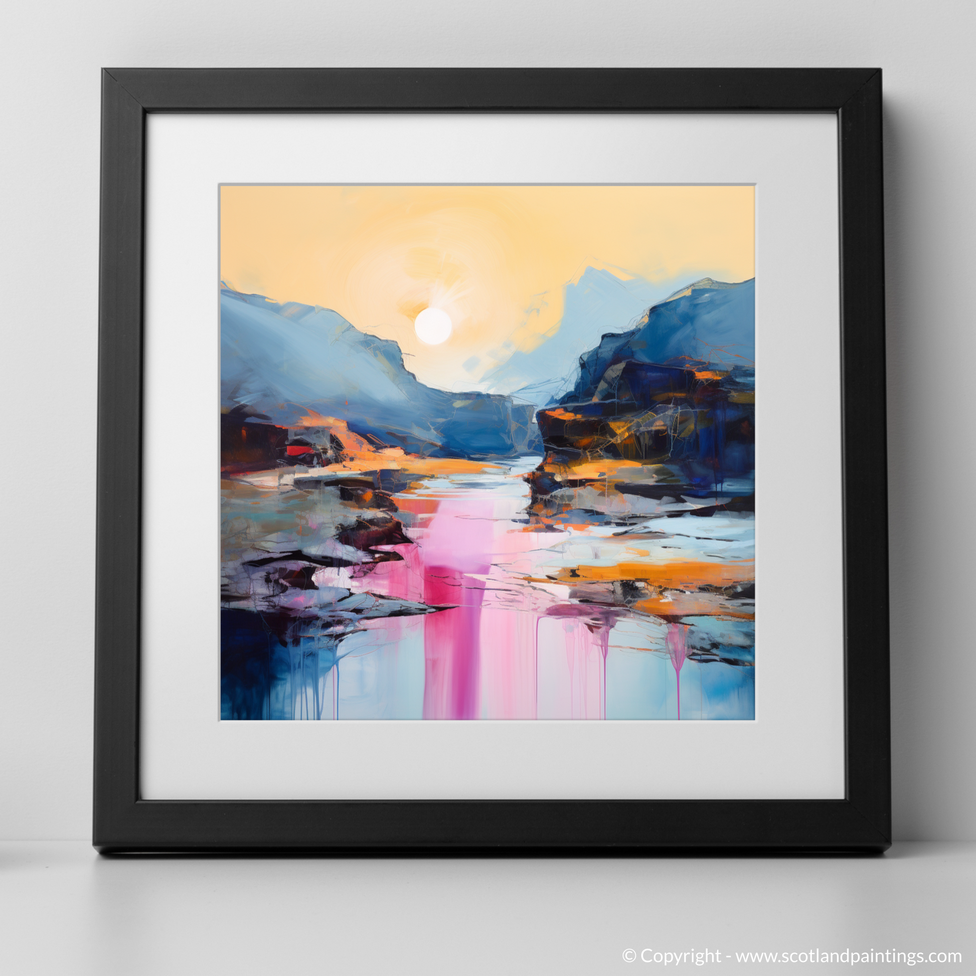 Art Print of Isle of Skye Fairy Pools at dusk in summer with a black frame