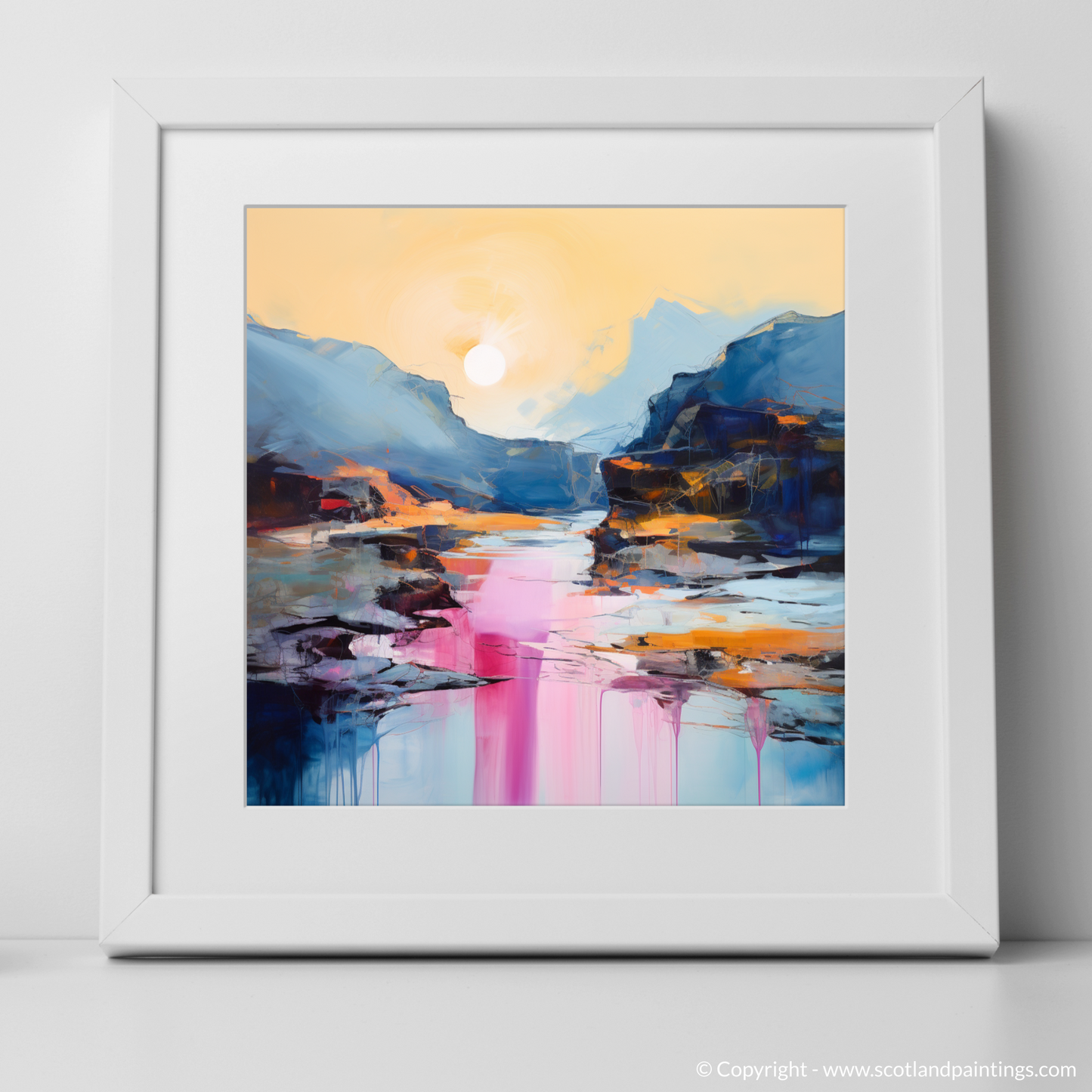 Art Print of Isle of Skye Fairy Pools at dusk in summer with a white frame