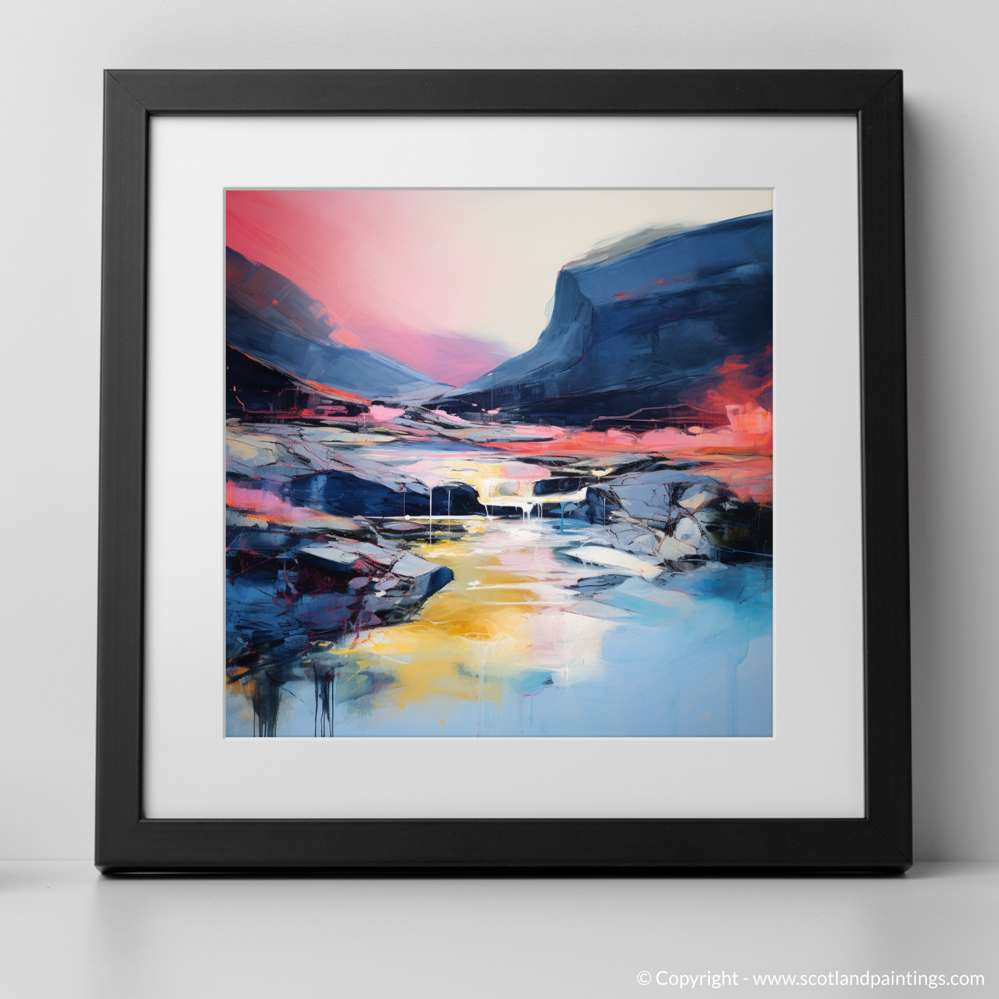 Art Print of Isle of Skye Fairy Pools at dusk in summer with a black frame