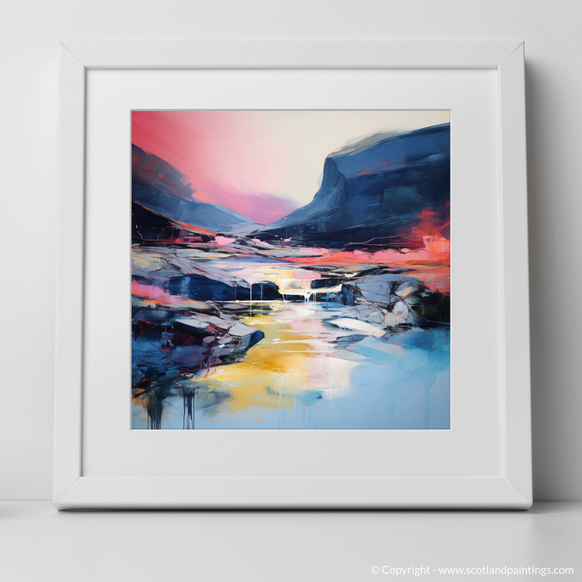 Art Print of Isle of Skye Fairy Pools at dusk in summer with a white frame