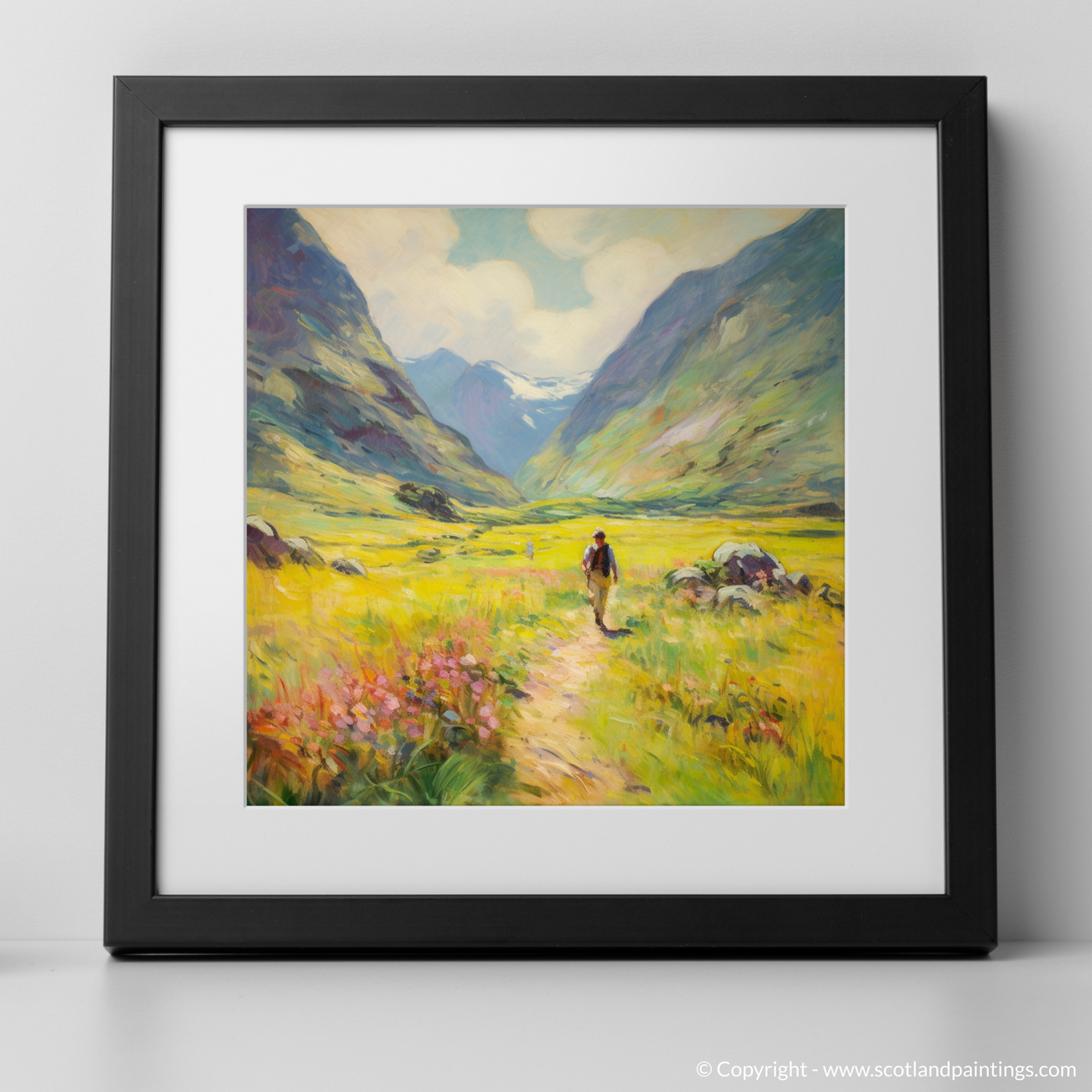 Art Print of Walkers in Glencoe during summer with a black frame