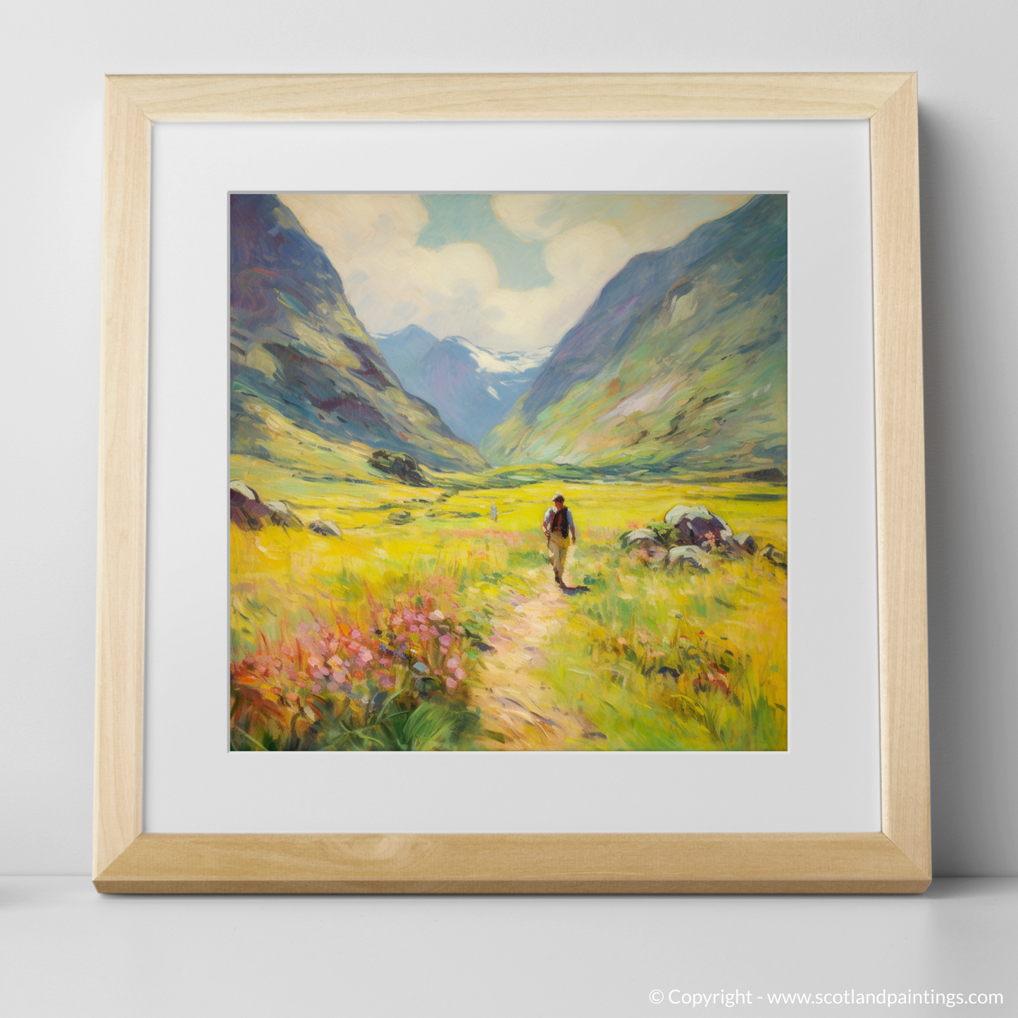 Art Print of Walkers in Glencoe during summer with a natural frame