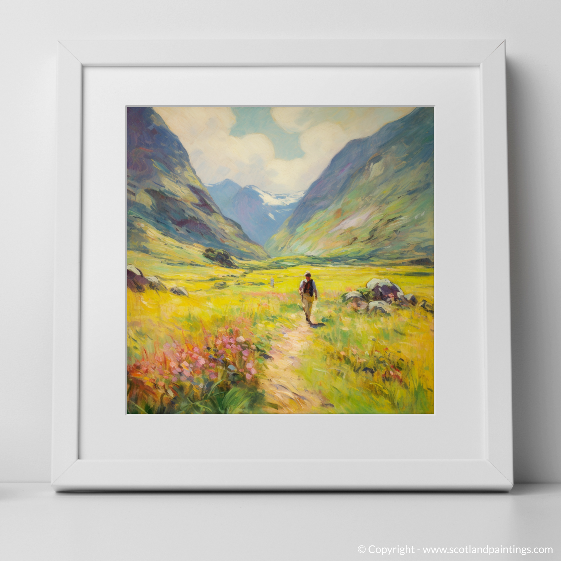 Art Print of Walkers in Glencoe during summer with a white frame