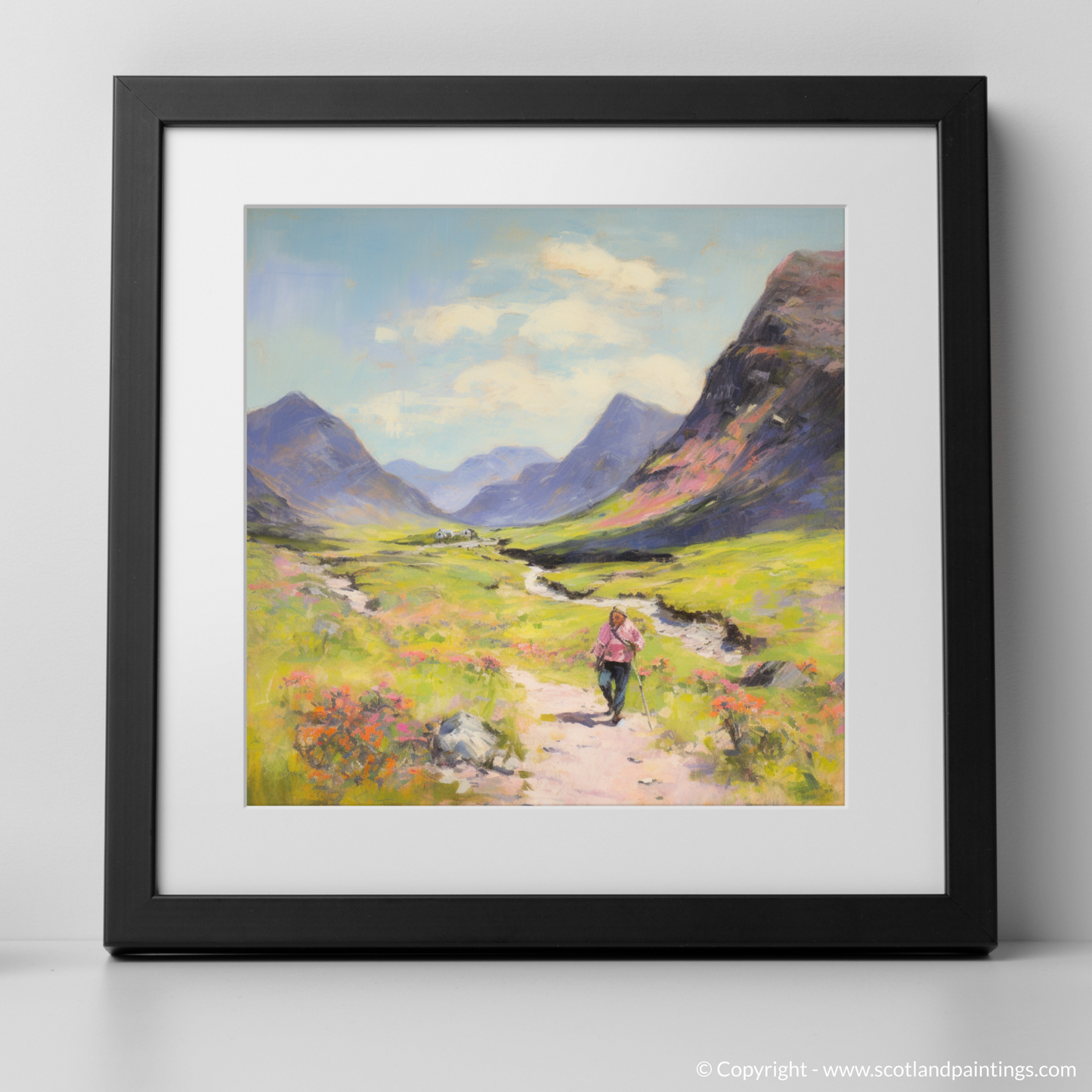 Art Print of Walkers in Glencoe during summer with a black frame