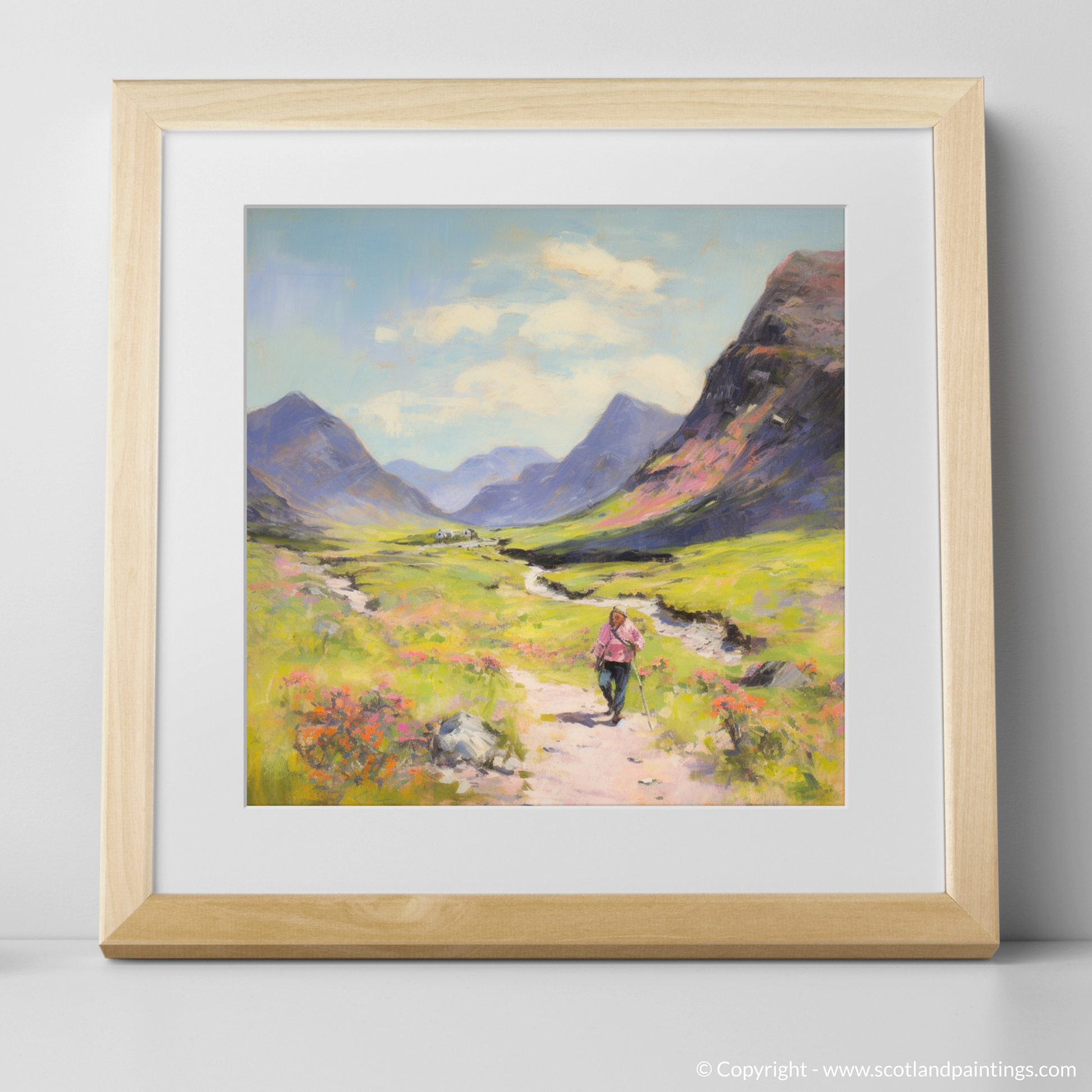 Art Print of Walkers in Glencoe during summer with a natural frame