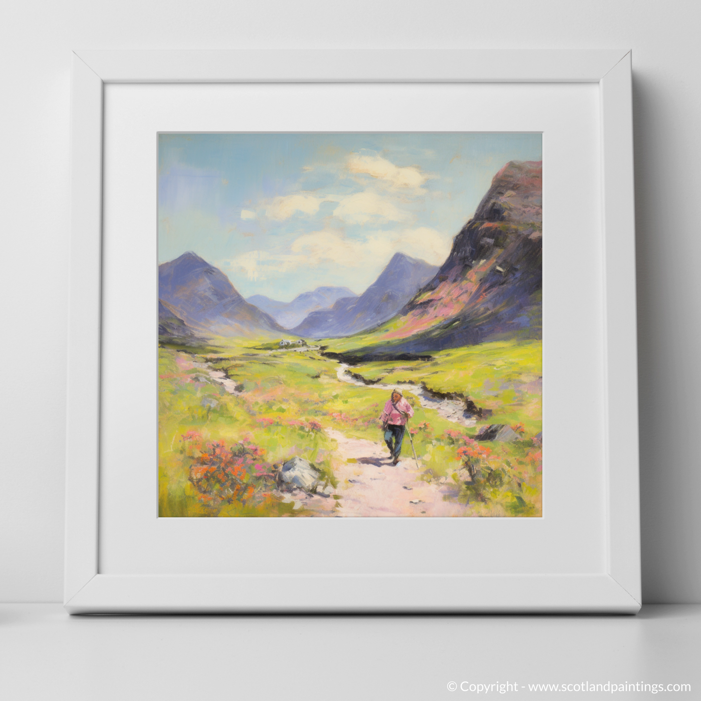 Art Print of Walkers in Glencoe during summer with a white frame