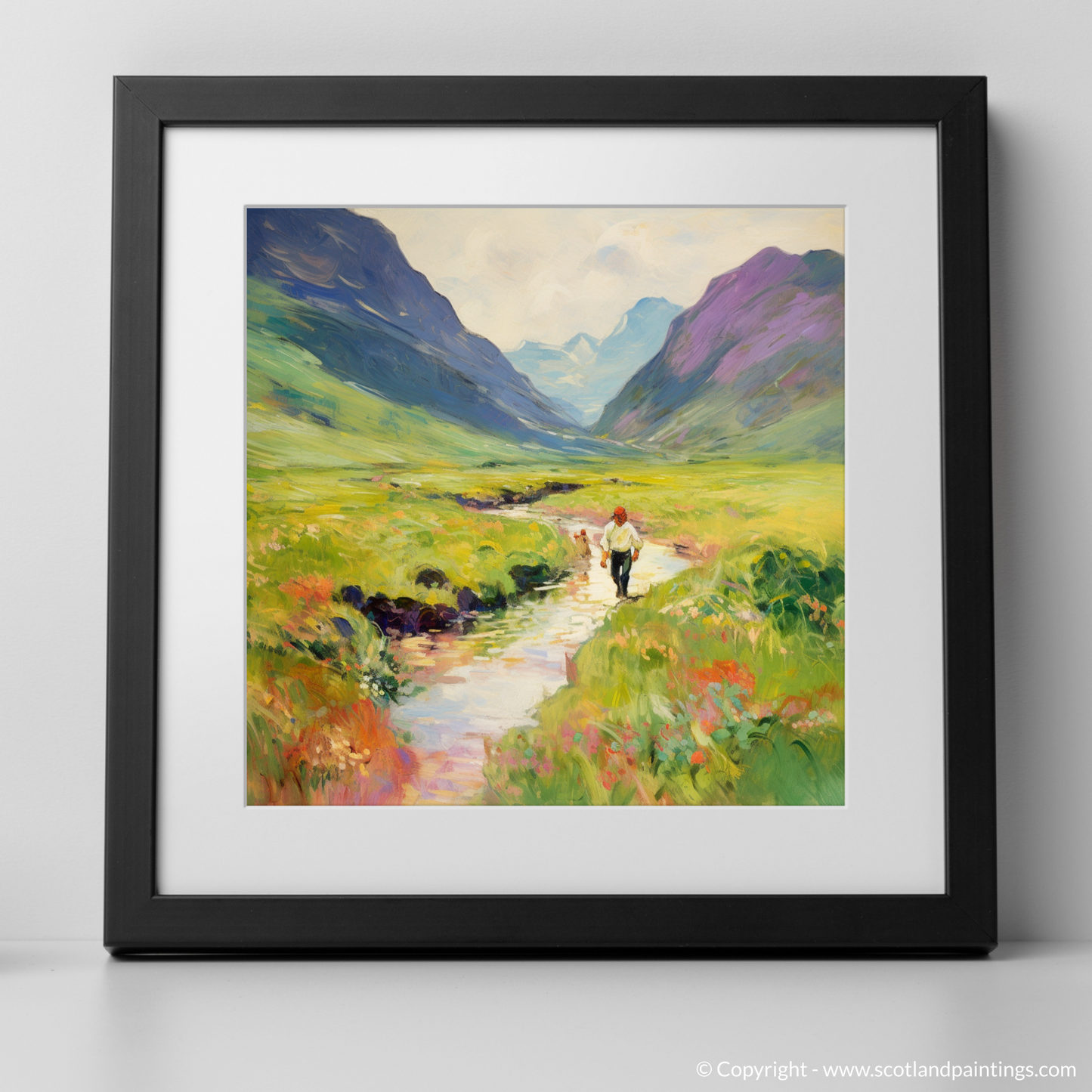 Art Print of Walkers in Glencoe during summer with a black frame