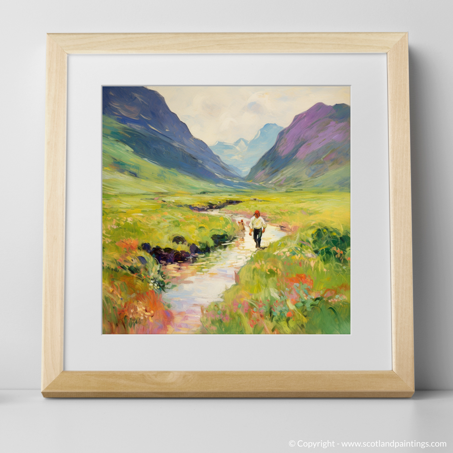 Art Print of Walkers in Glencoe during summer with a natural frame