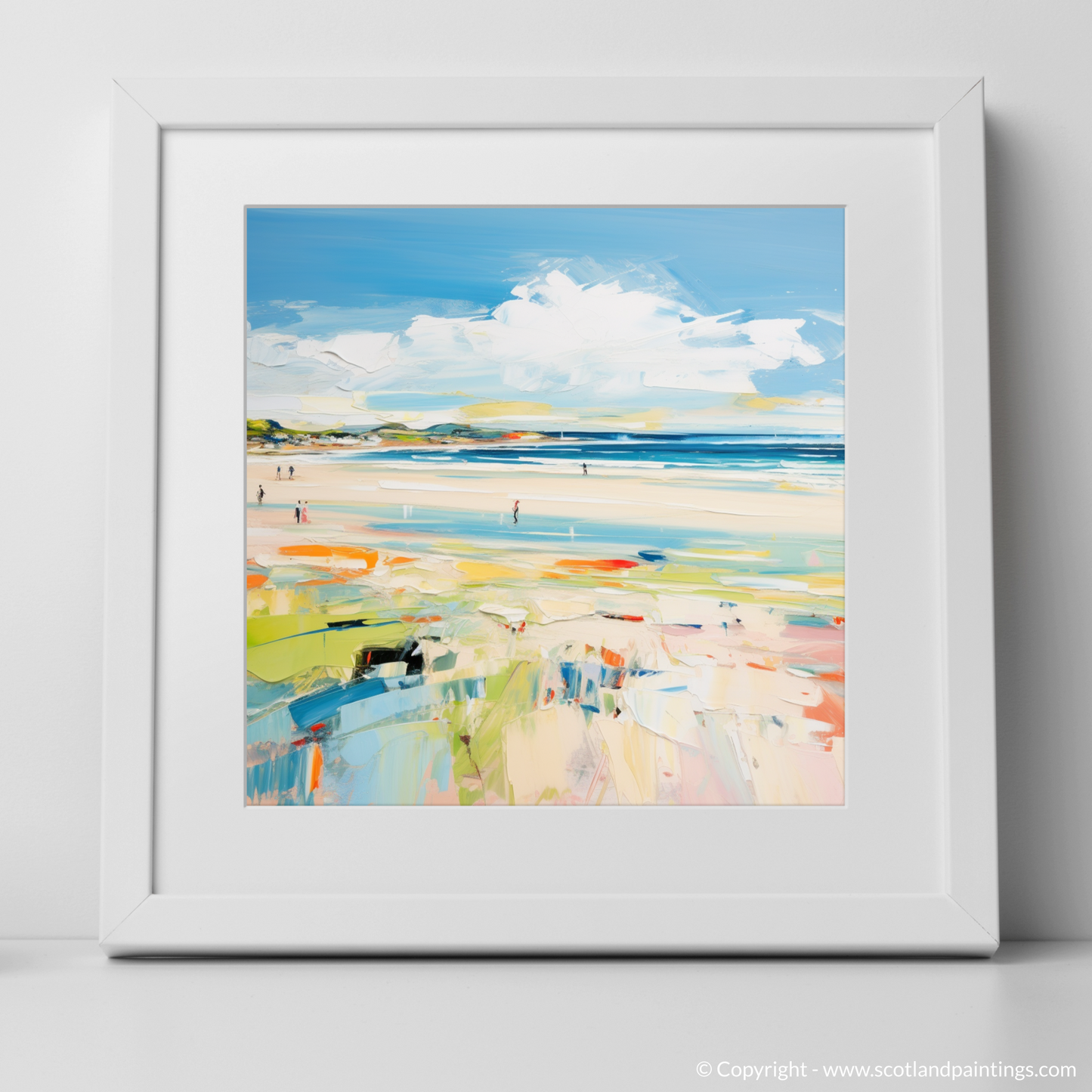 Art Print of St Cyrus Beach, Aberdeenshire in summer with a white frame