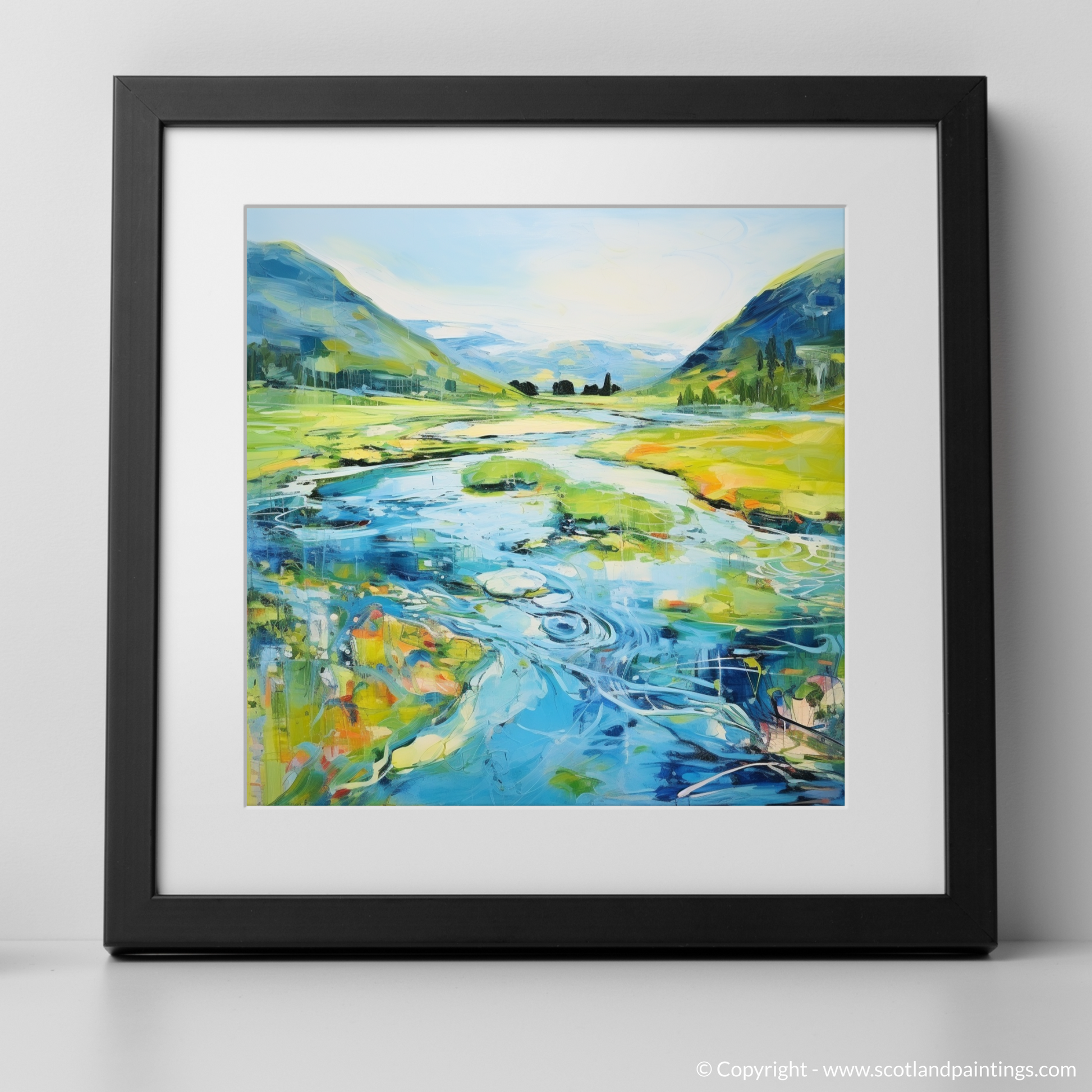 Art Print of River Orchy, Argyll and Bute in summer with a black frame