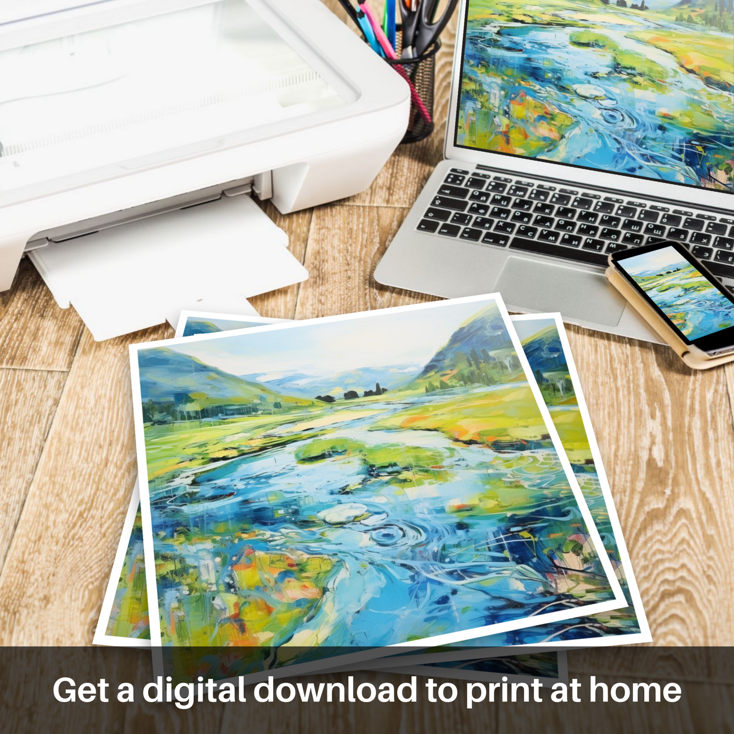 Downloadable and printable picture of River Orchy, Argyll and Bute in summer