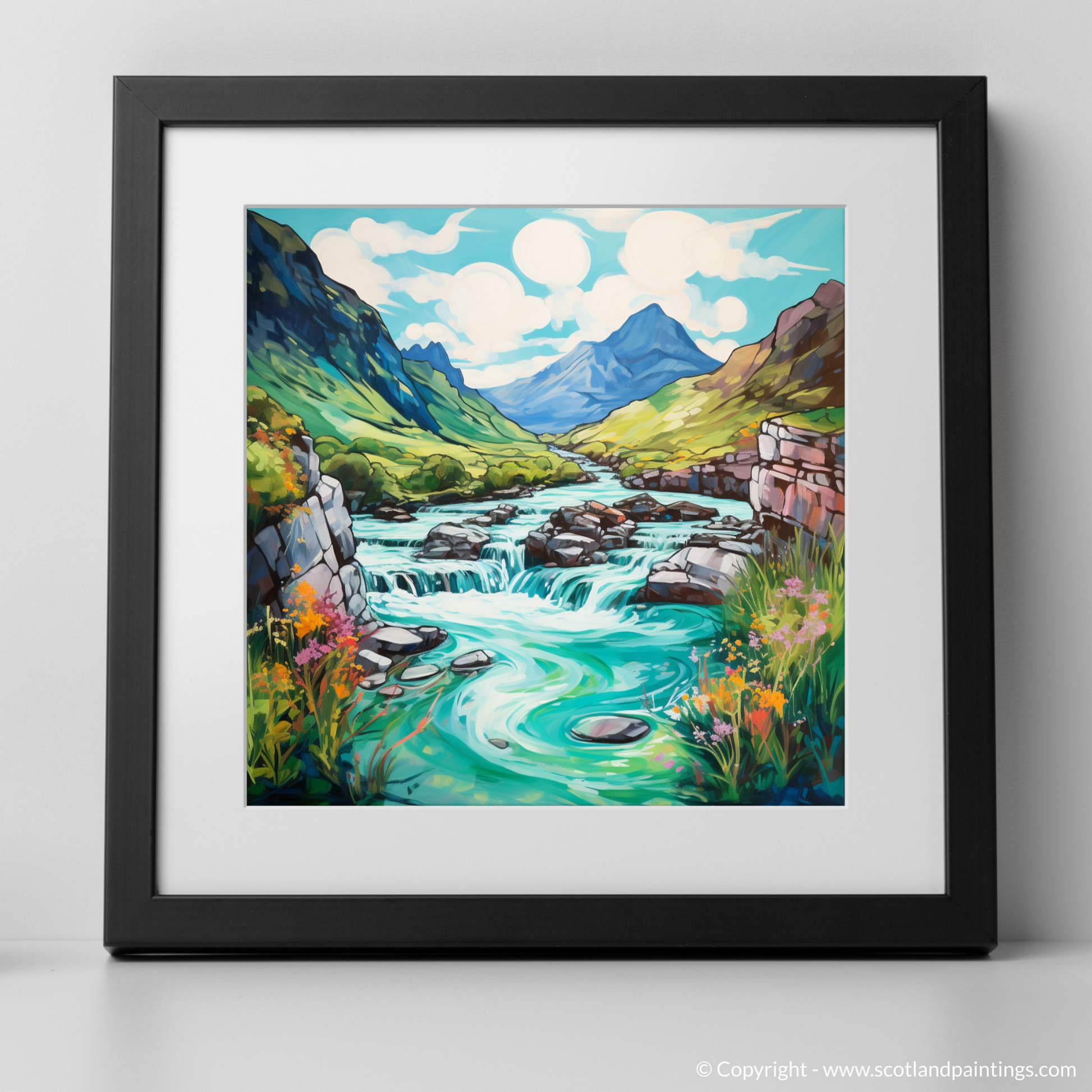 Art Print of The Fairy Pools, Isle of Skye in summer with a black frame