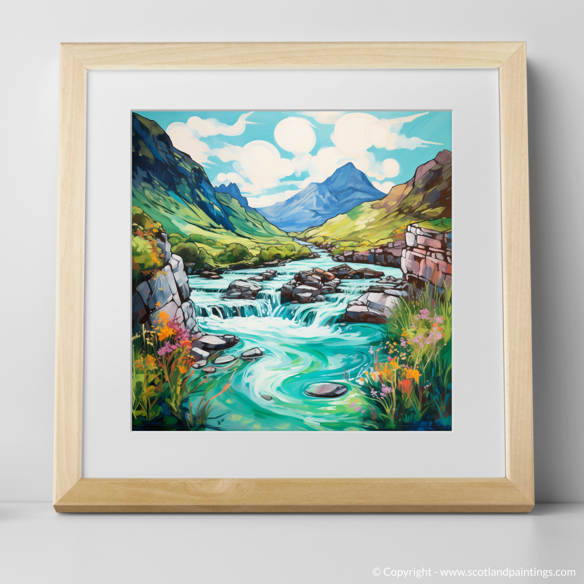 Art Print of The Fairy Pools, Isle of Skye in summer with a natural frame