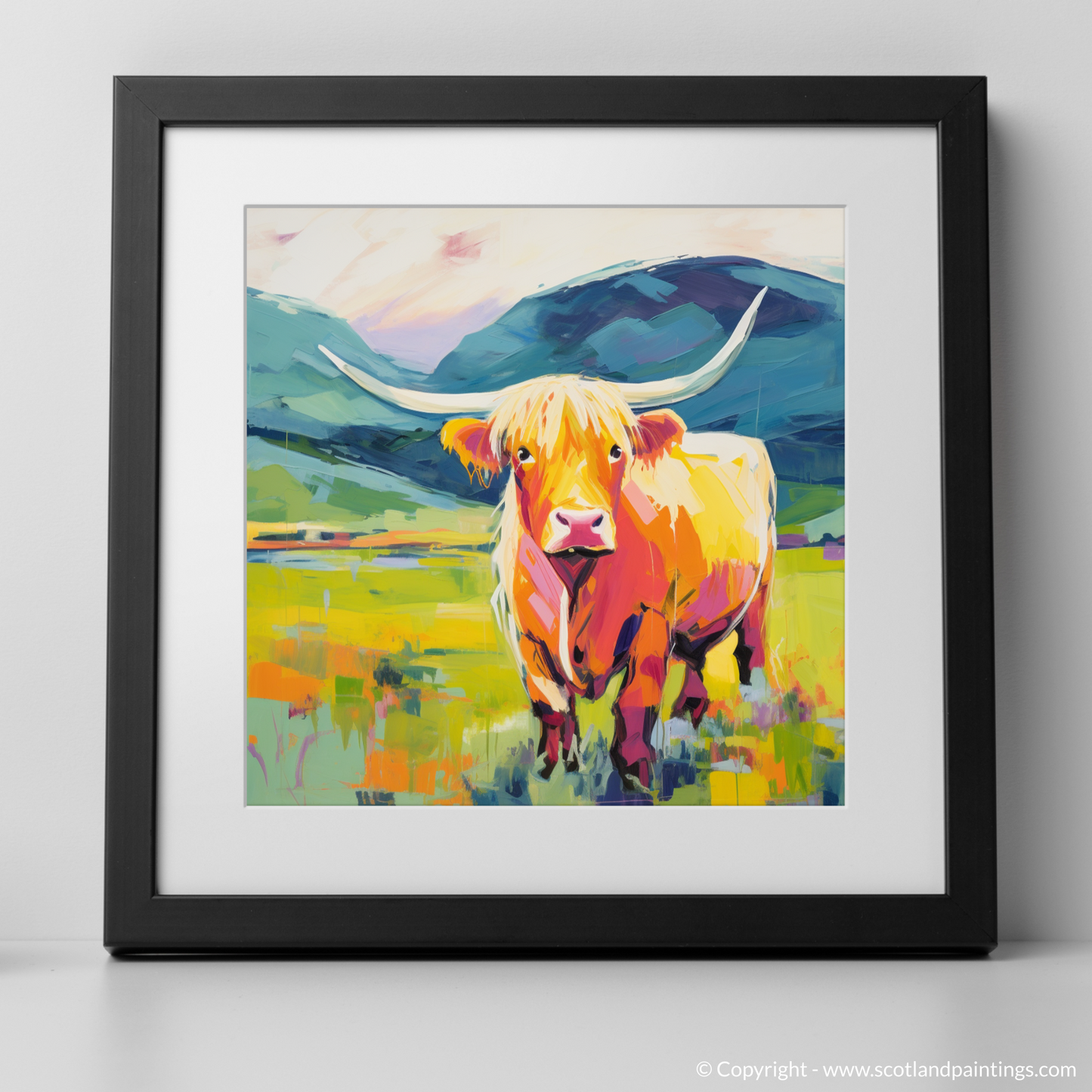 Art Print of Highland cow in Glencoe during summer with a black frame