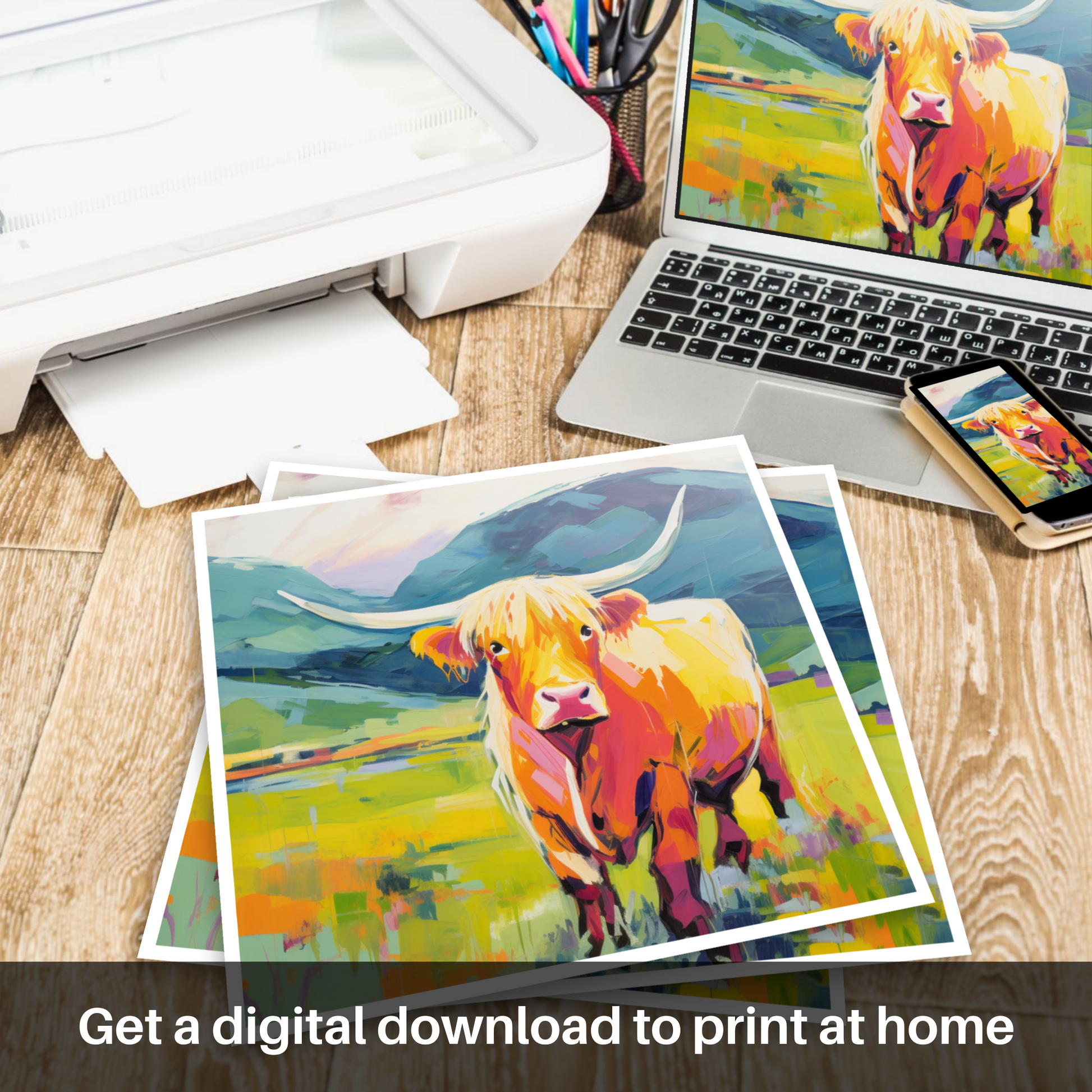 Downloadable and printable picture of Highland cow in Glencoe during summer