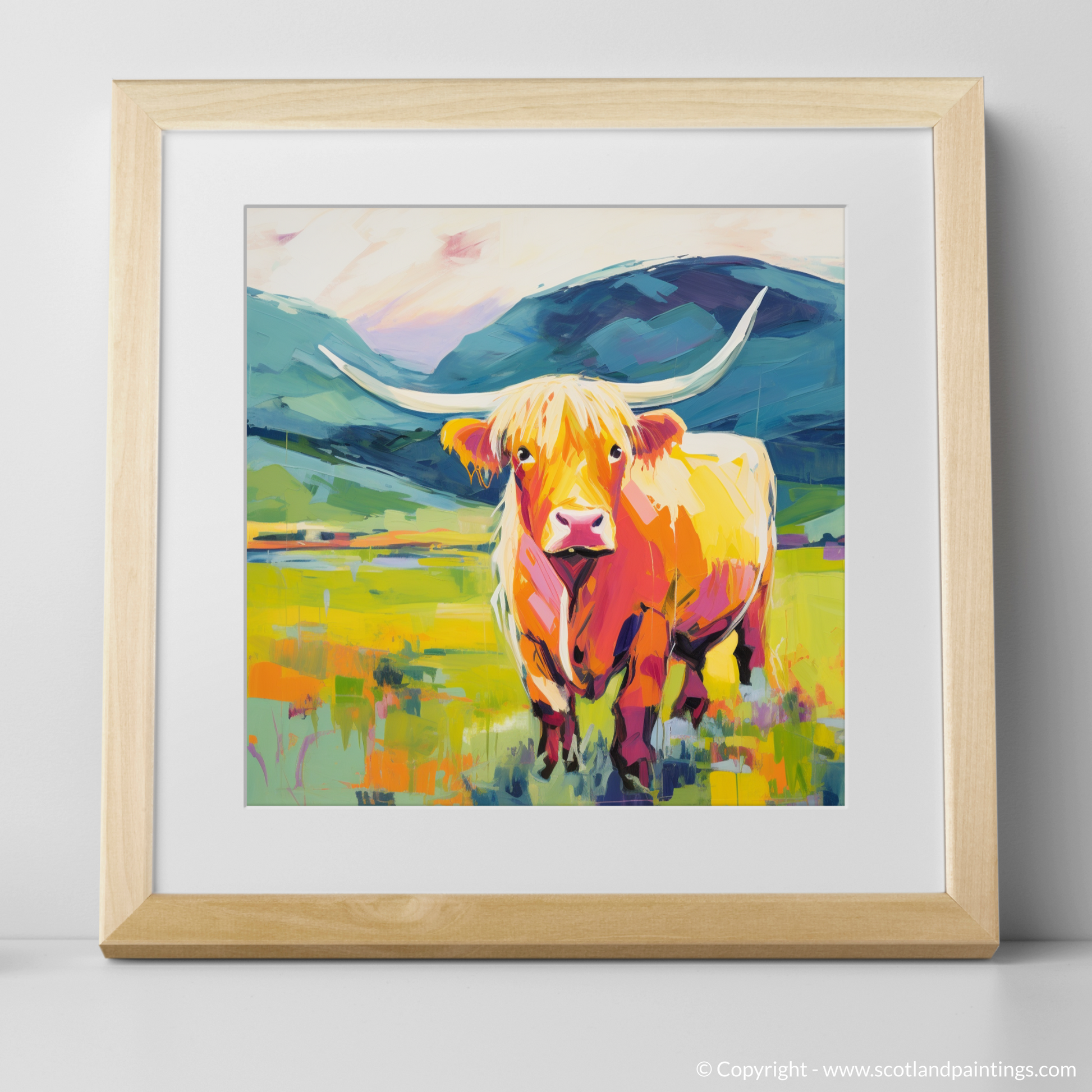 Art Print of Highland cow in Glencoe during summer with a natural frame