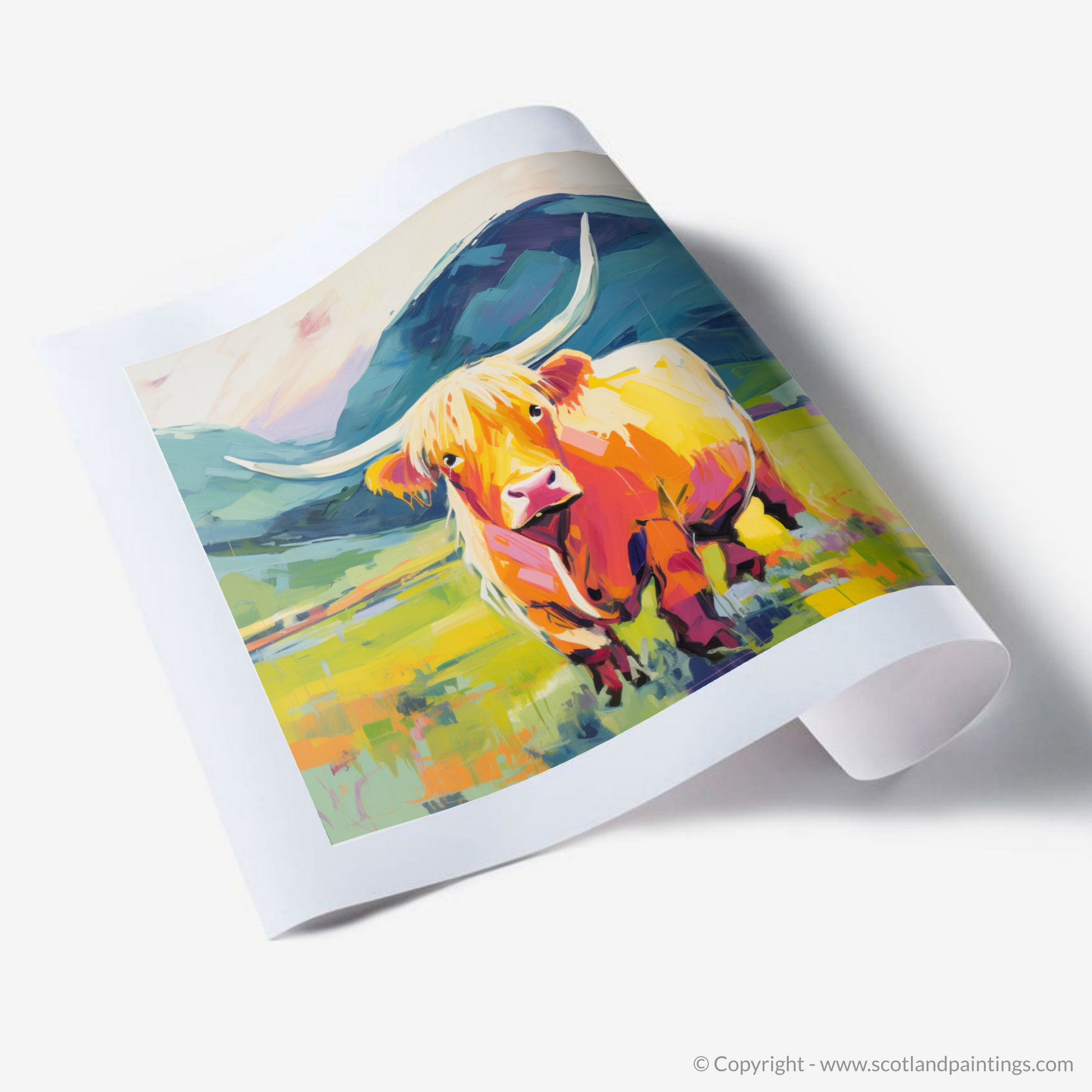 Art Print of Highland cow in Glencoe during summer