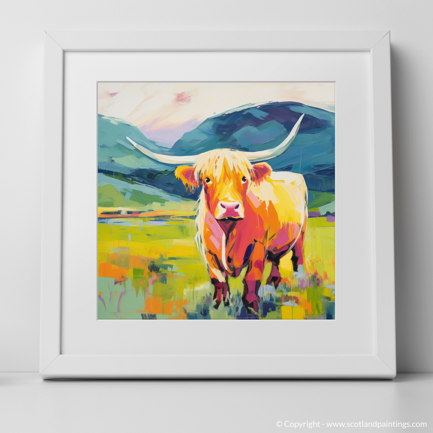 Art Print of Highland cow in Glencoe during summer with a white frame