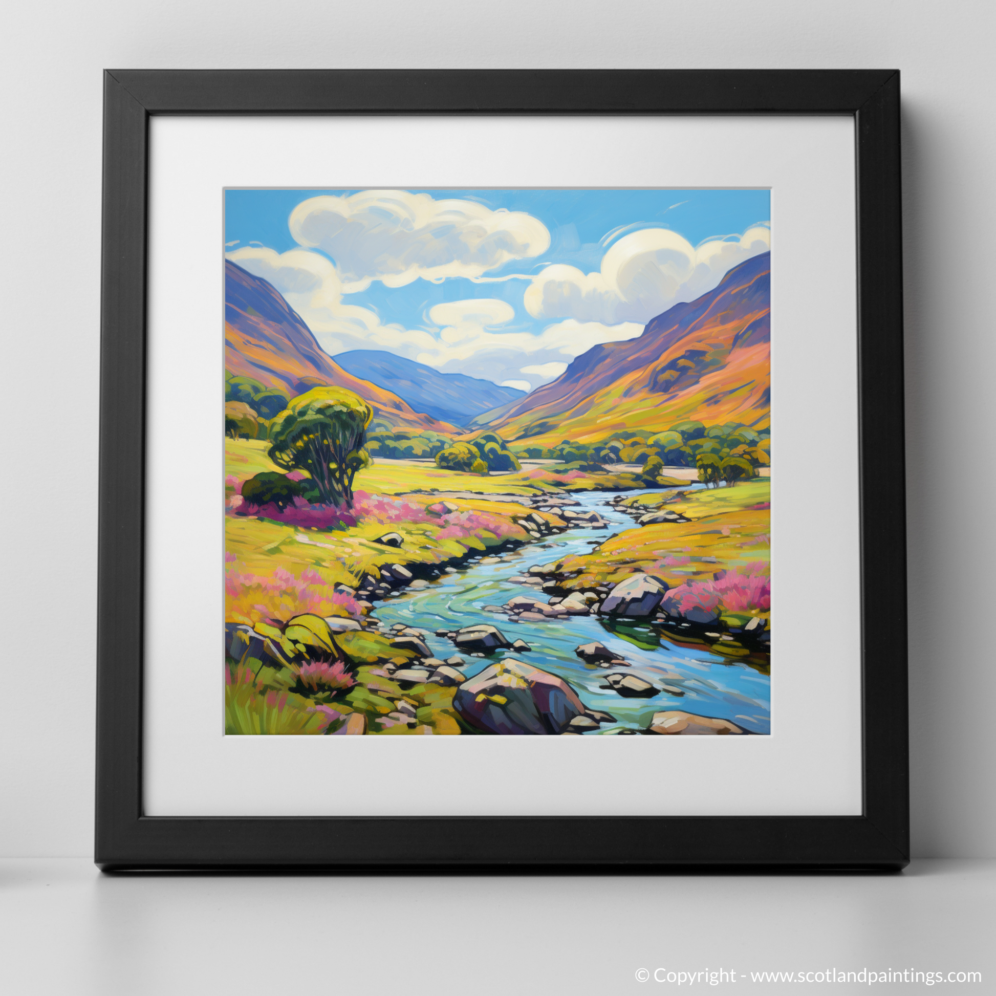 Art Print of Glen Feshie, Highlands in summer with a black frame