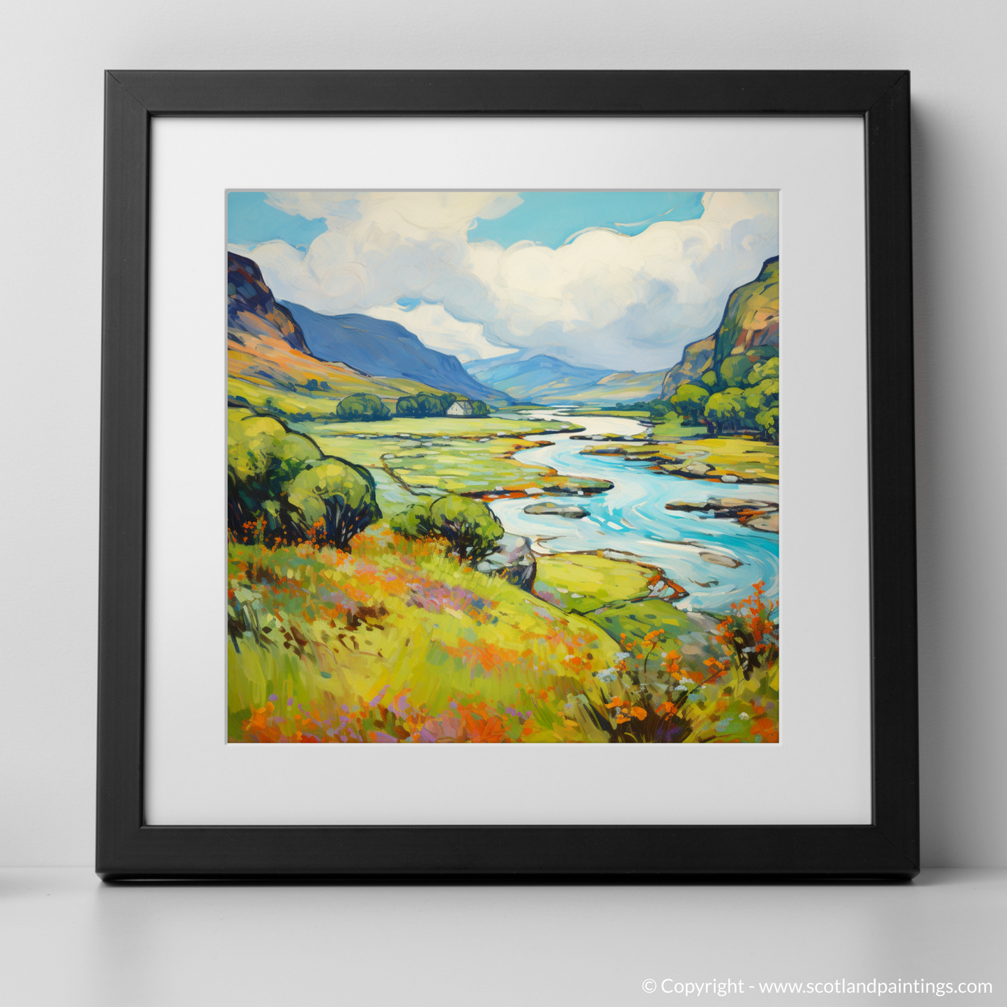 Art Print of Glen Falloch, Argyll and Bute in summer with a black frame