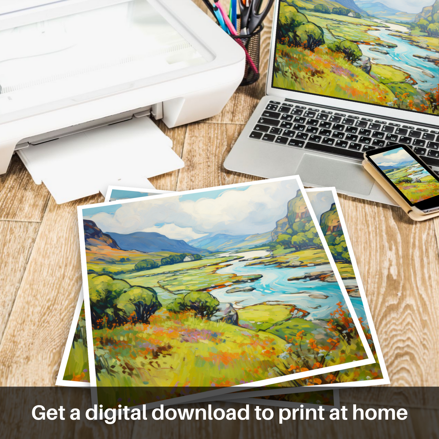 Downloadable and printable picture of Glen Falloch, Argyll and Bute in summer