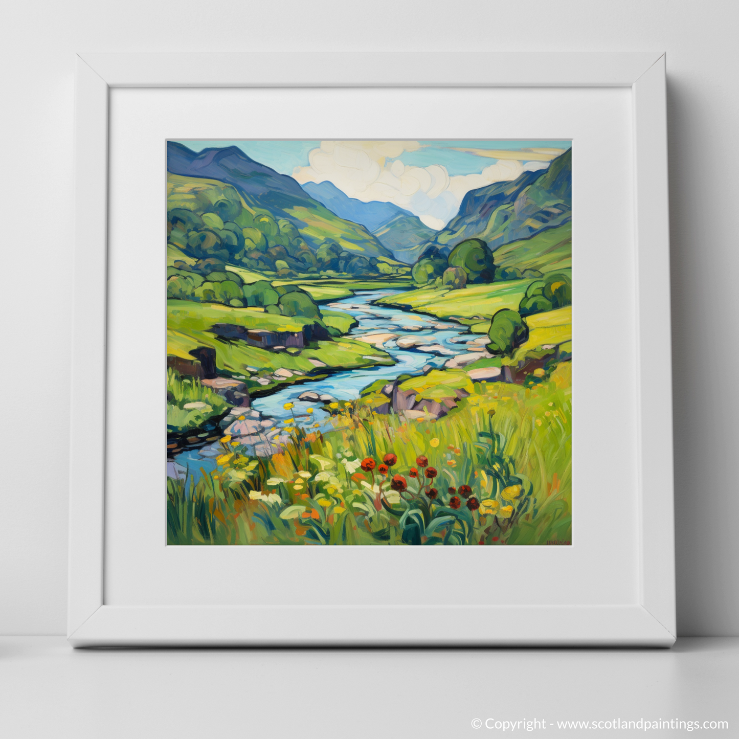 Art Print of Glen Falloch, Argyll and Bute in summer with a white frame