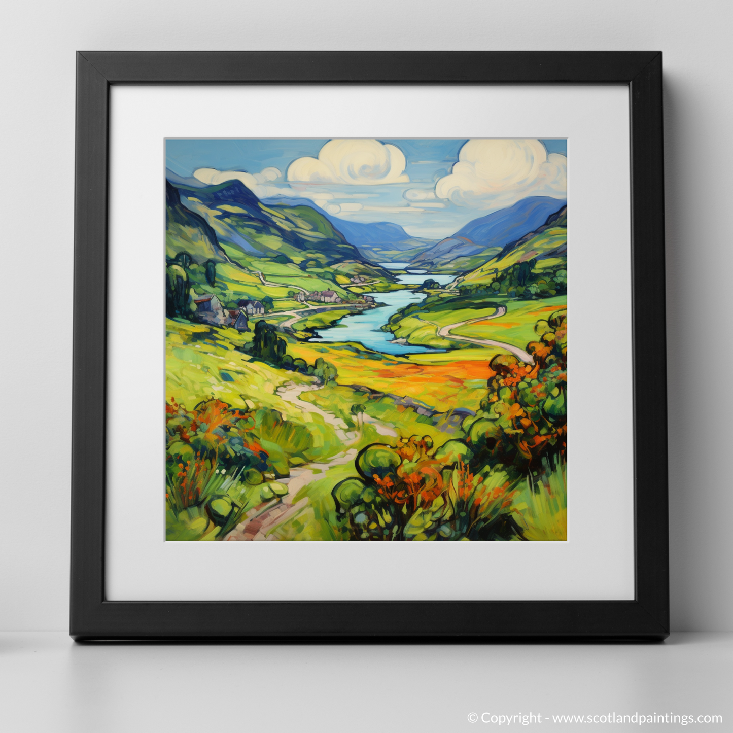 Art Print of Glen Falloch, Argyll and Bute in summer with a black frame